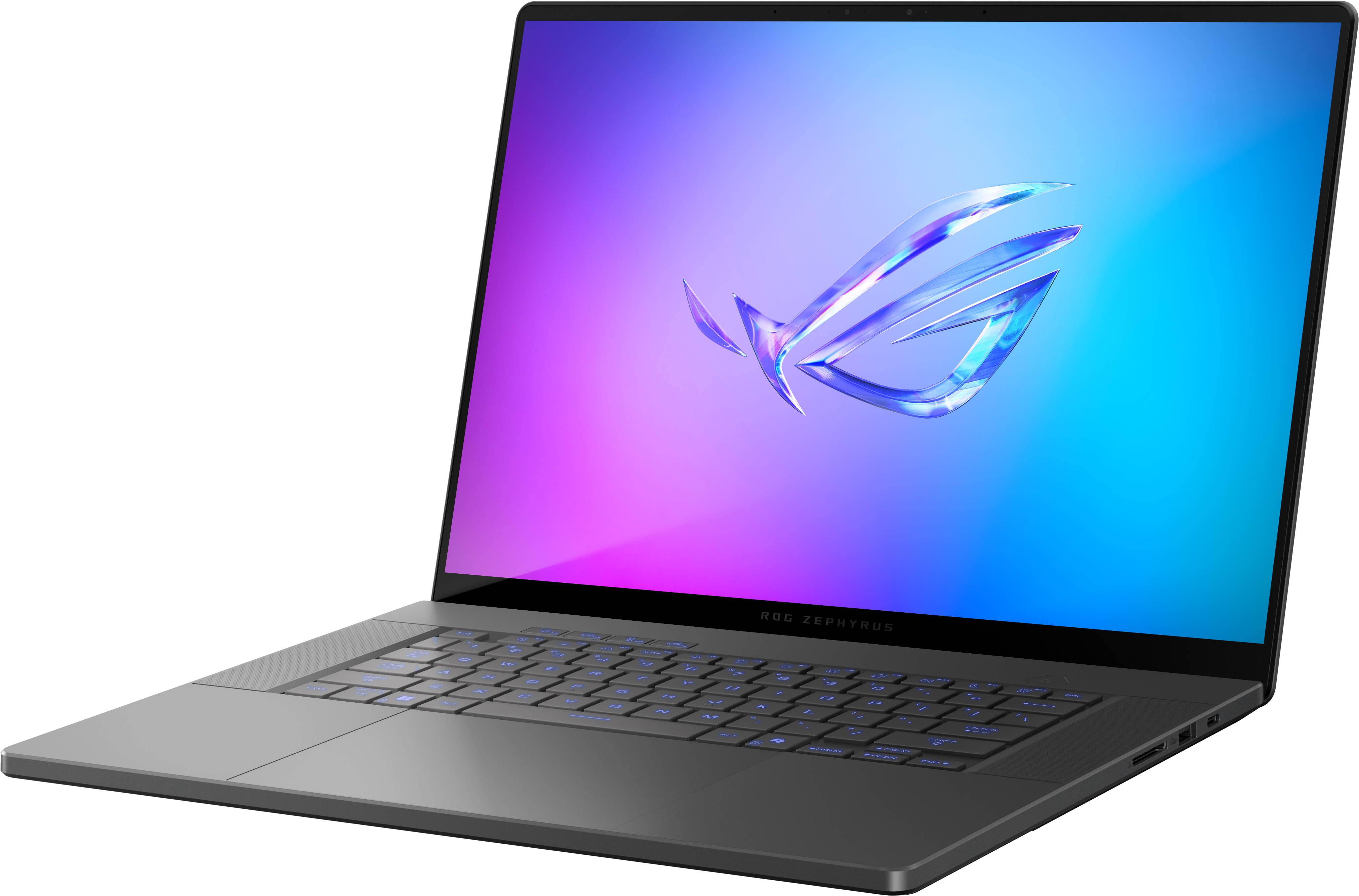 Un ordinateur portable ouvert avec clavier rétroéclairé et logo ROG à l'écran.
