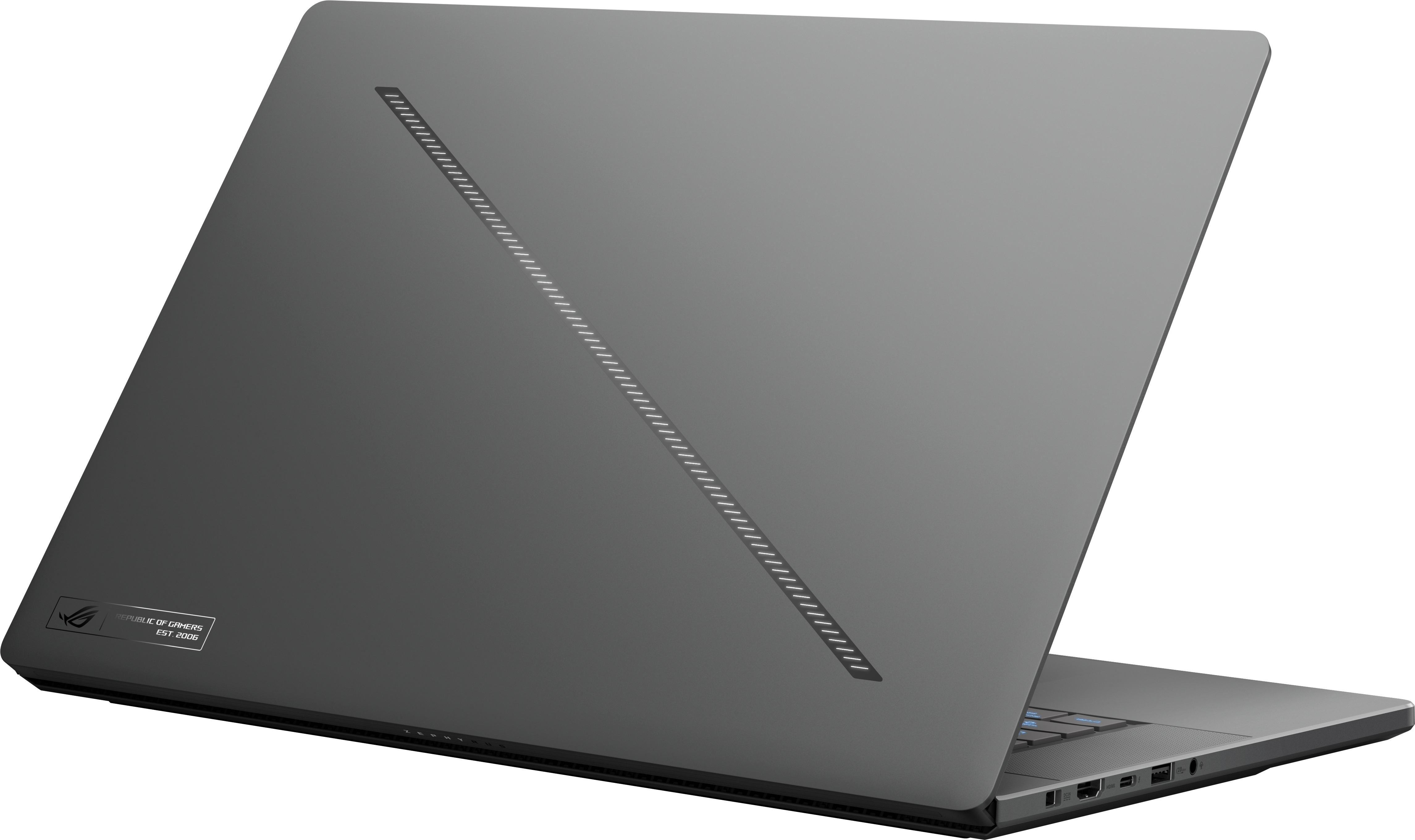 Ordinateur portable gris avec logo ROG et fentes d'aération au dos.