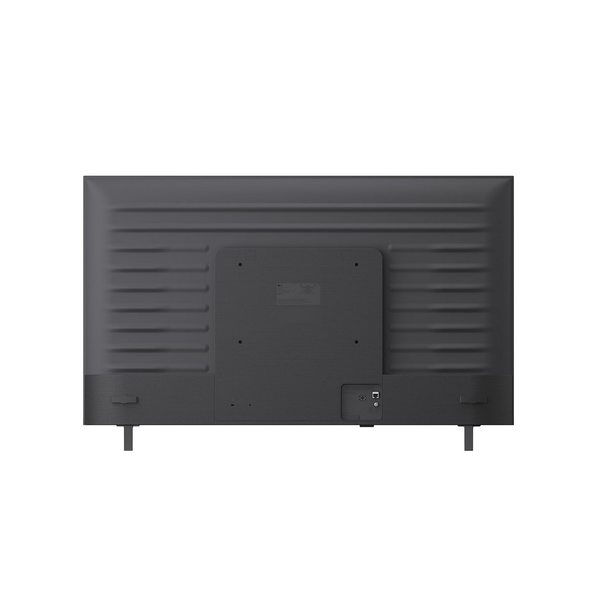 Parte trasera de un televisor negro con ranuras horizontales y puertos. Dos pies pequeños.