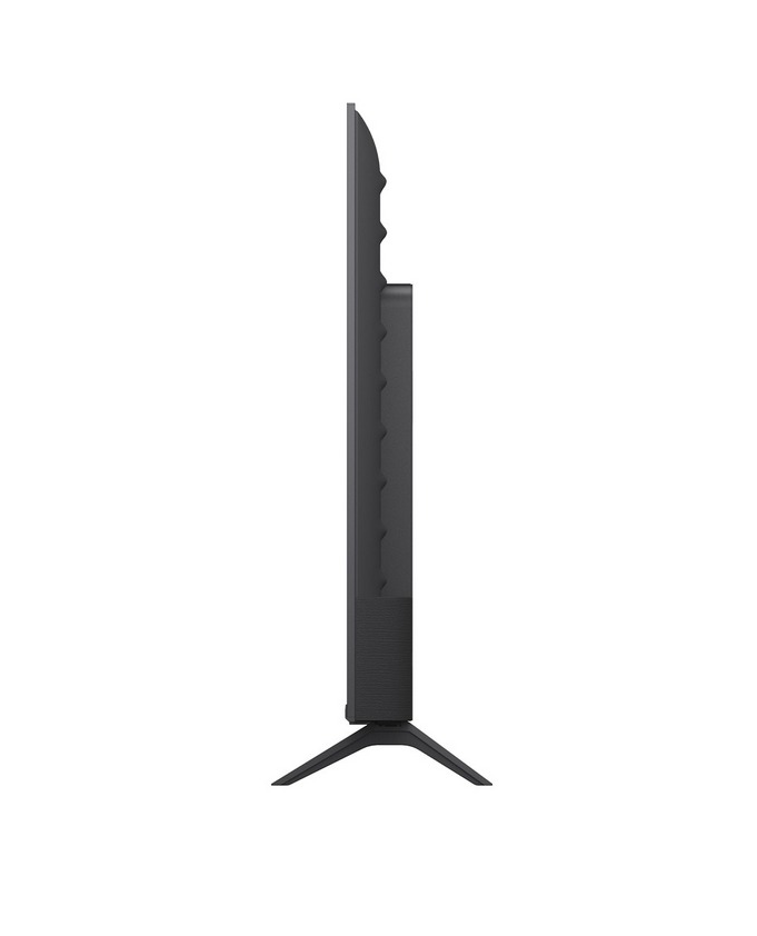 Un televisor negro de perfil sobre fondo blanco.