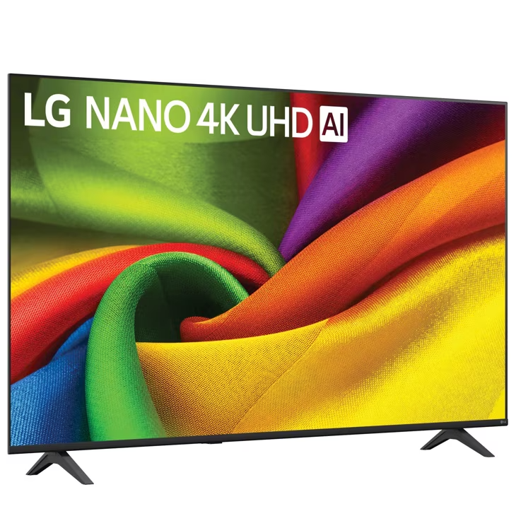 Un televisor LG Nano 4K UHD AI con un fondo colorido.