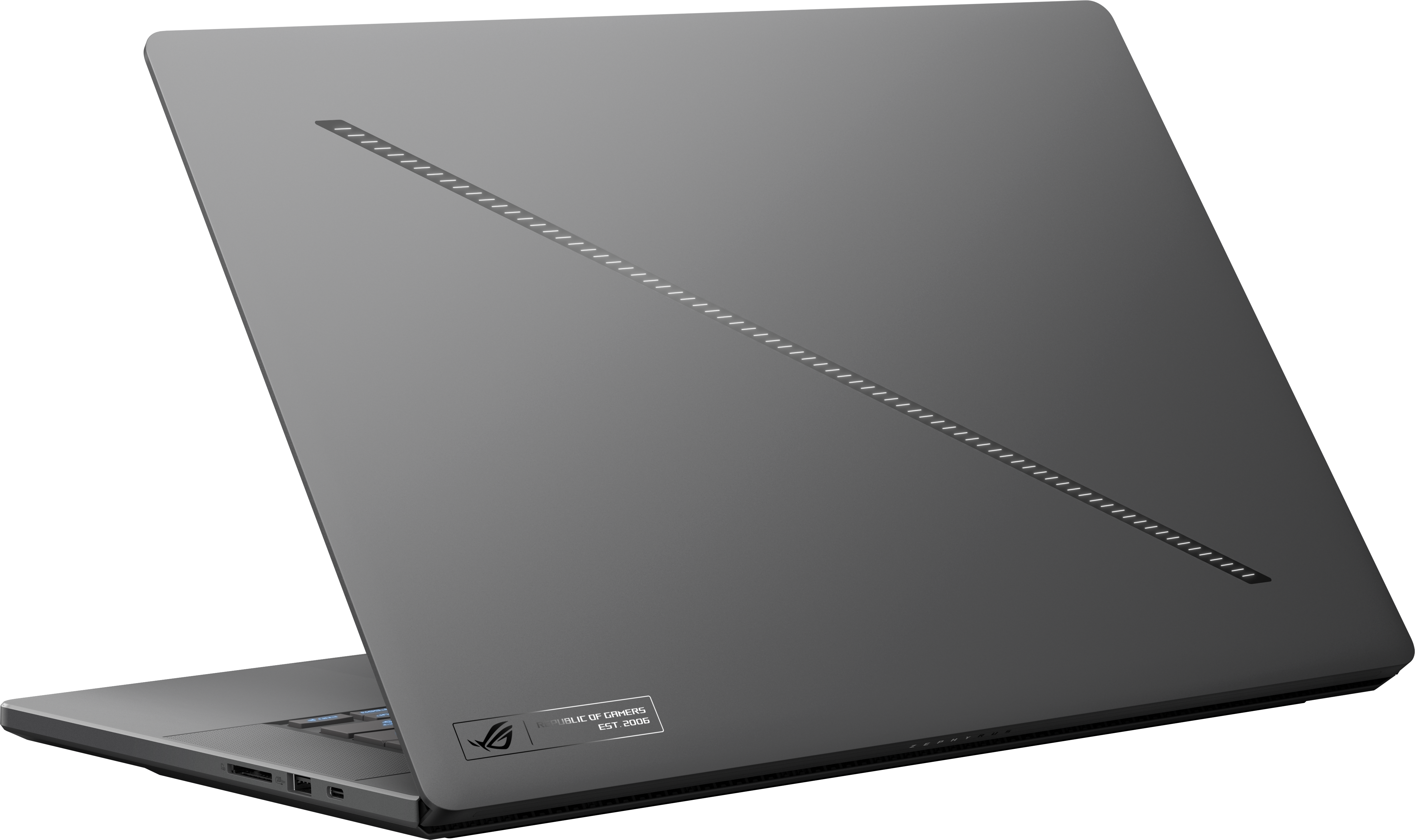 Ordinateur portable gris fermé avec logo ROG et bande décorative.