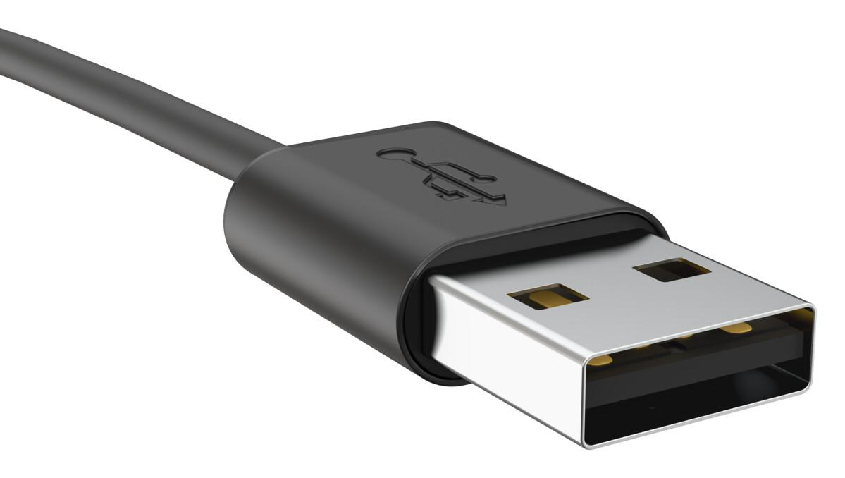 Ein schwarzes USB-Kabel mit einem silbernen Stecker und dem USB-Symbol.
