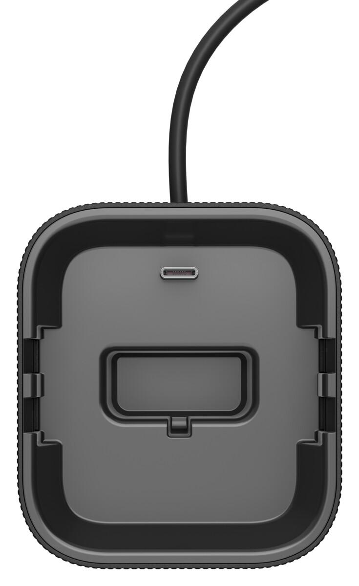Ein schwarzes, rechteckiges Gehäuse mit einem USB-C-Anschluss und einem Kabel.