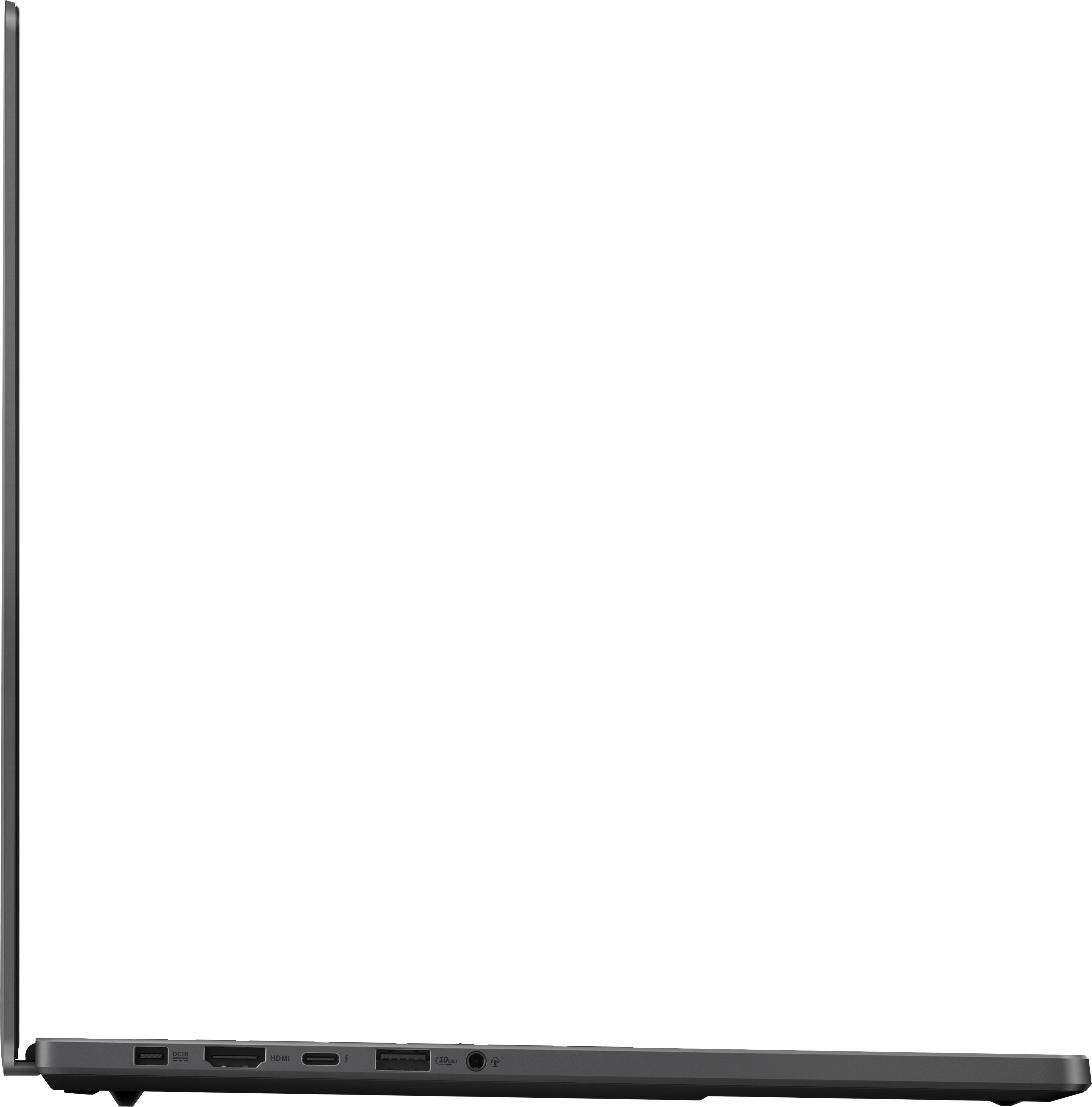 Vue latérale d'un ordinateur portable gris montrant les ports : USB, DCIN, HDMI, Thunderbolt.
