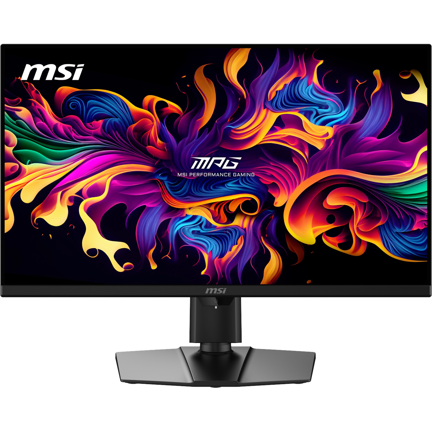Un moniteur gaming MSI noir affichant un fond abstrait vibrant et coloré.