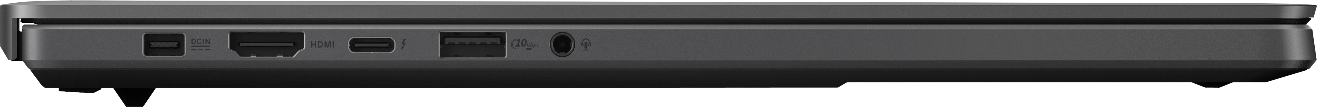 Bord de portable gris avec ports : DCIN, HDMI, USB-C, USB-A, prise audio.