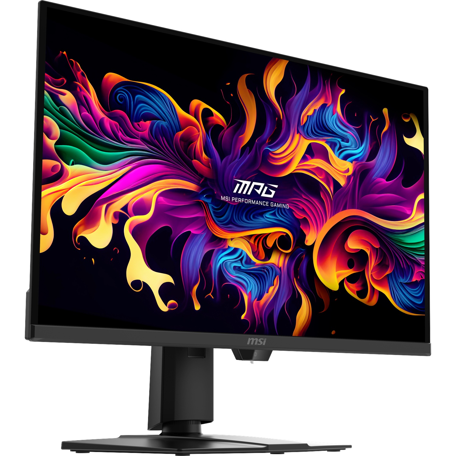 Un moniteur gaming MSI noir affiche un fond abstrait coloré et vibrant.
