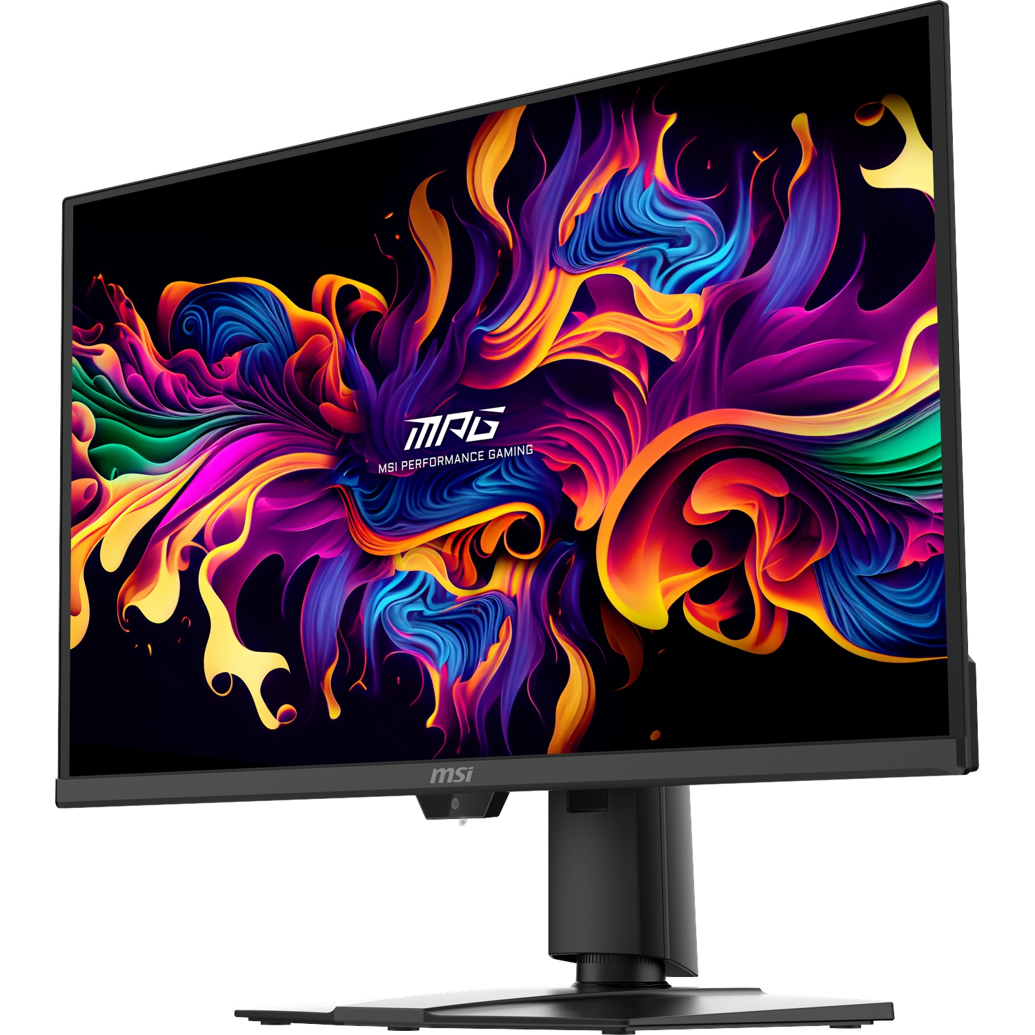 Un moniteur gaming MSI noir affiche un fond vibrant et abstrait ressemblant à des flammes.