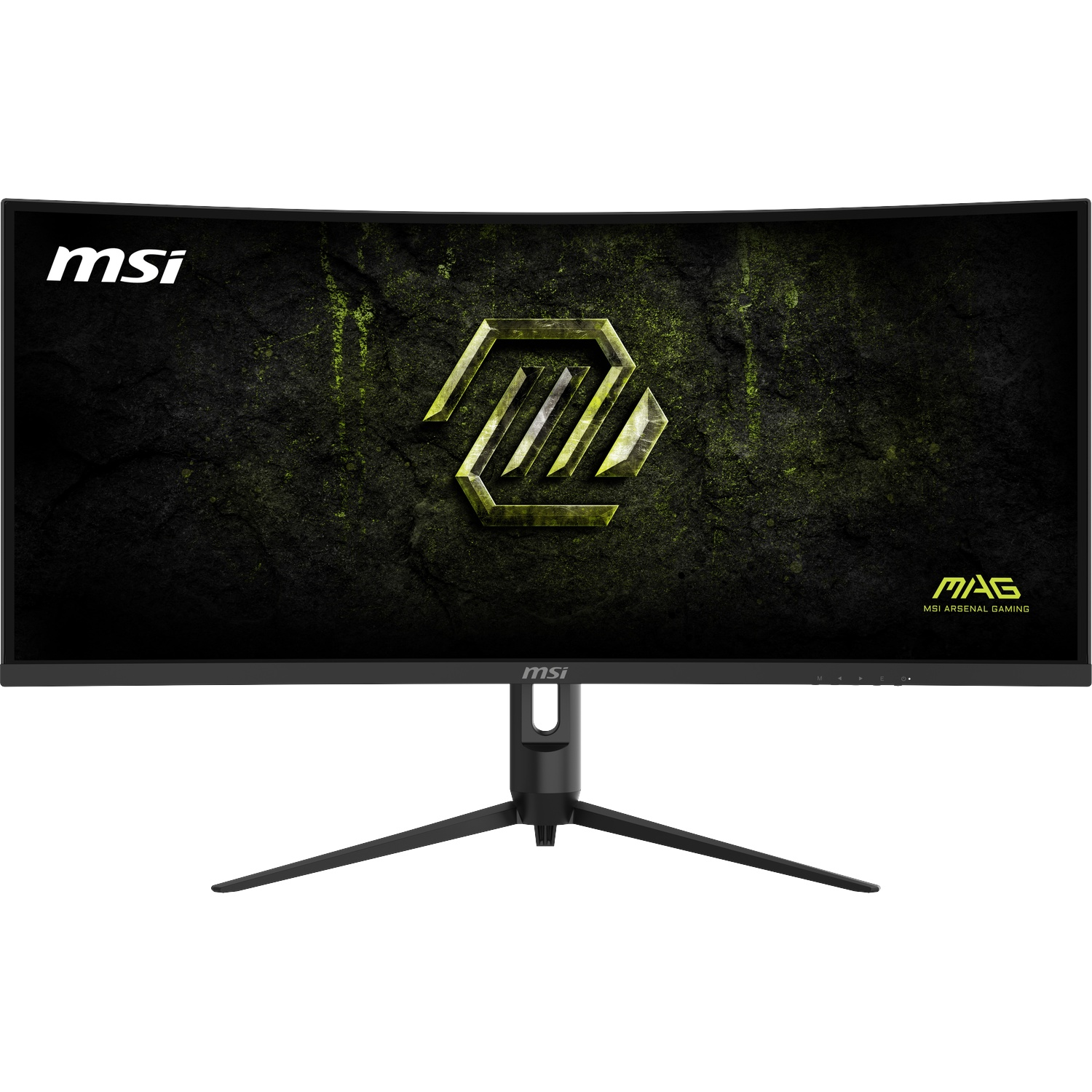 Een gebogen MSI gaming monitor met zwarte standaard en groen logo.