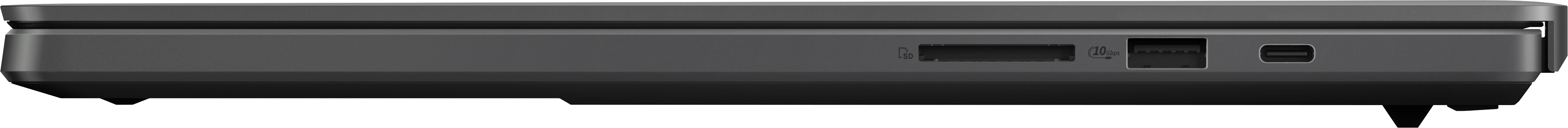 Ordinateur portable gris avec lecteur de carte SD, ports USB-A et USB-C.
