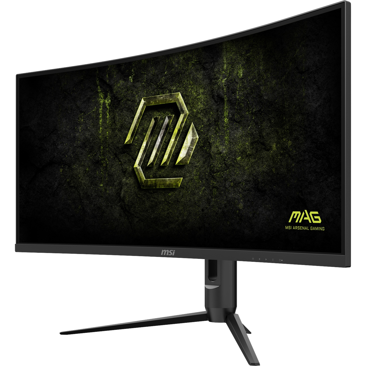 Een gebogen MSI gaming monitor toont een hexagonaal logo op een donkere, getextureerde achtergrond.