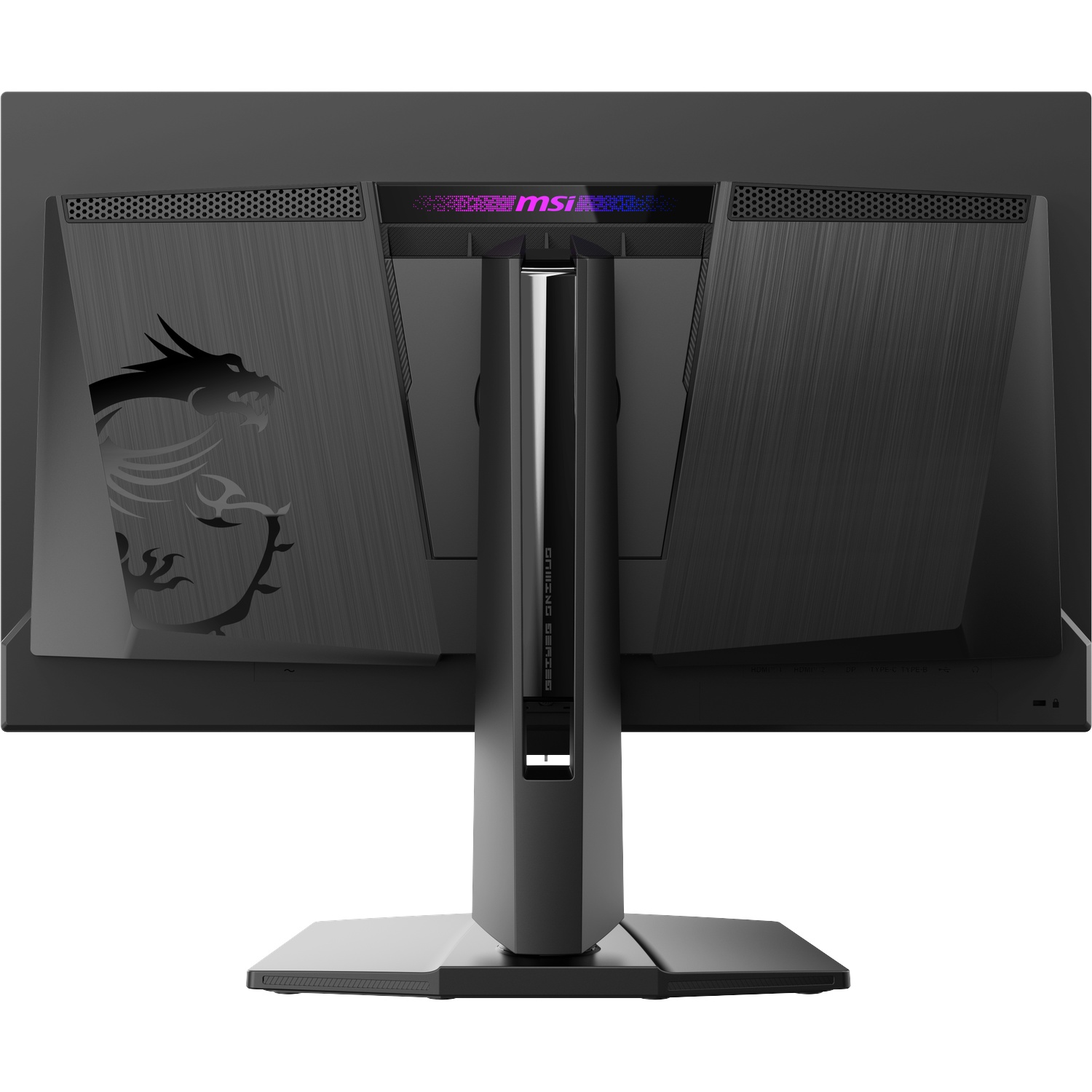 Arrière d'un moniteur gaming MSI noir avec logo dragon et texte MSI.