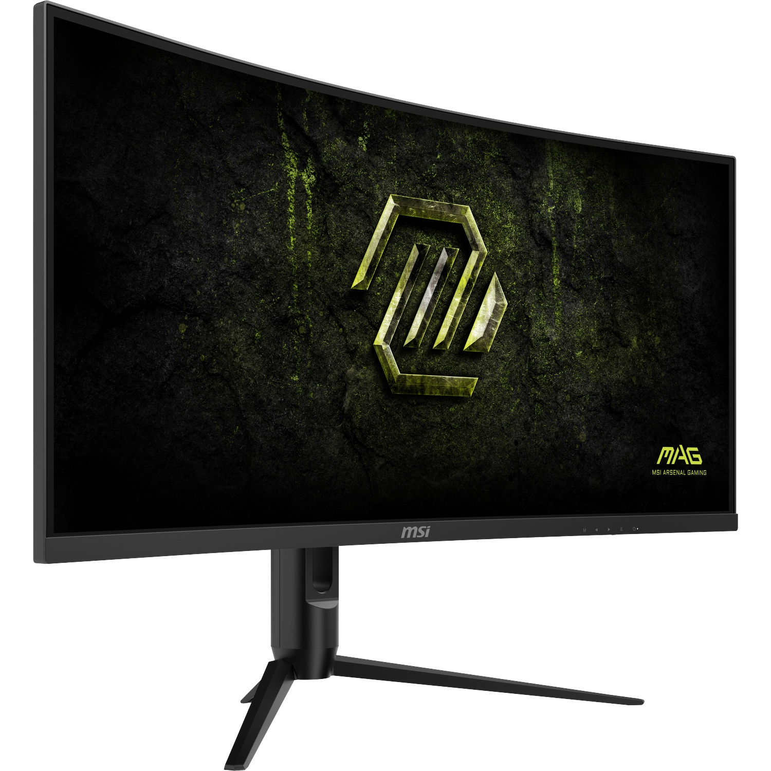 Gebogen MSI gaming monitor met zwarte standaard en groen abstract logo op scherm.