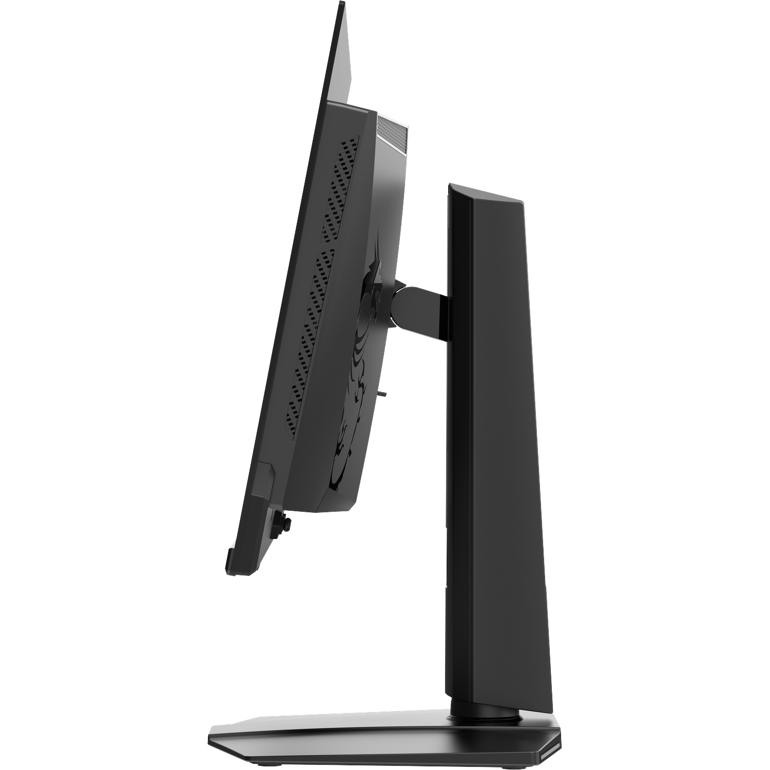 Un moniteur d'ordinateur noir avec une base mince et un bras réglable, vu de profil.