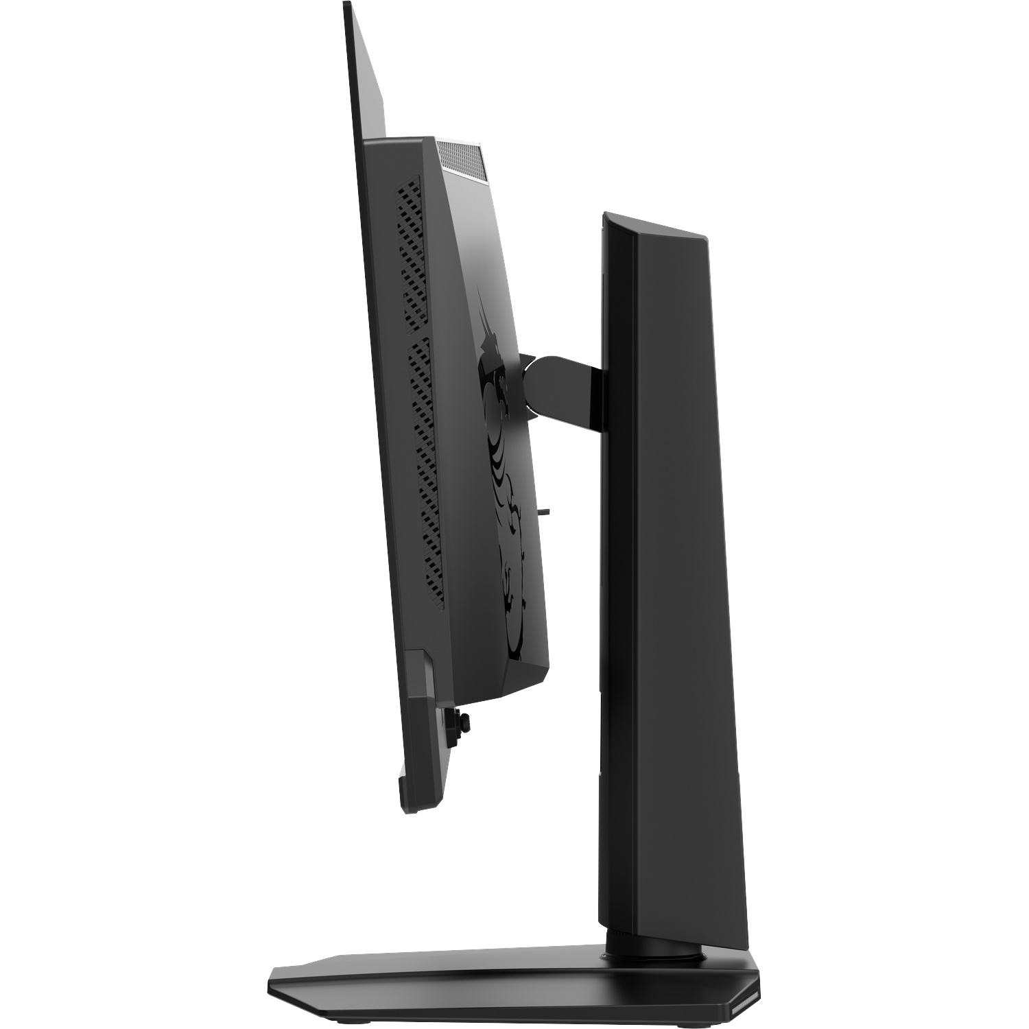 Moniteur d'ordinateur noir avec logo dragon, vue latérale.