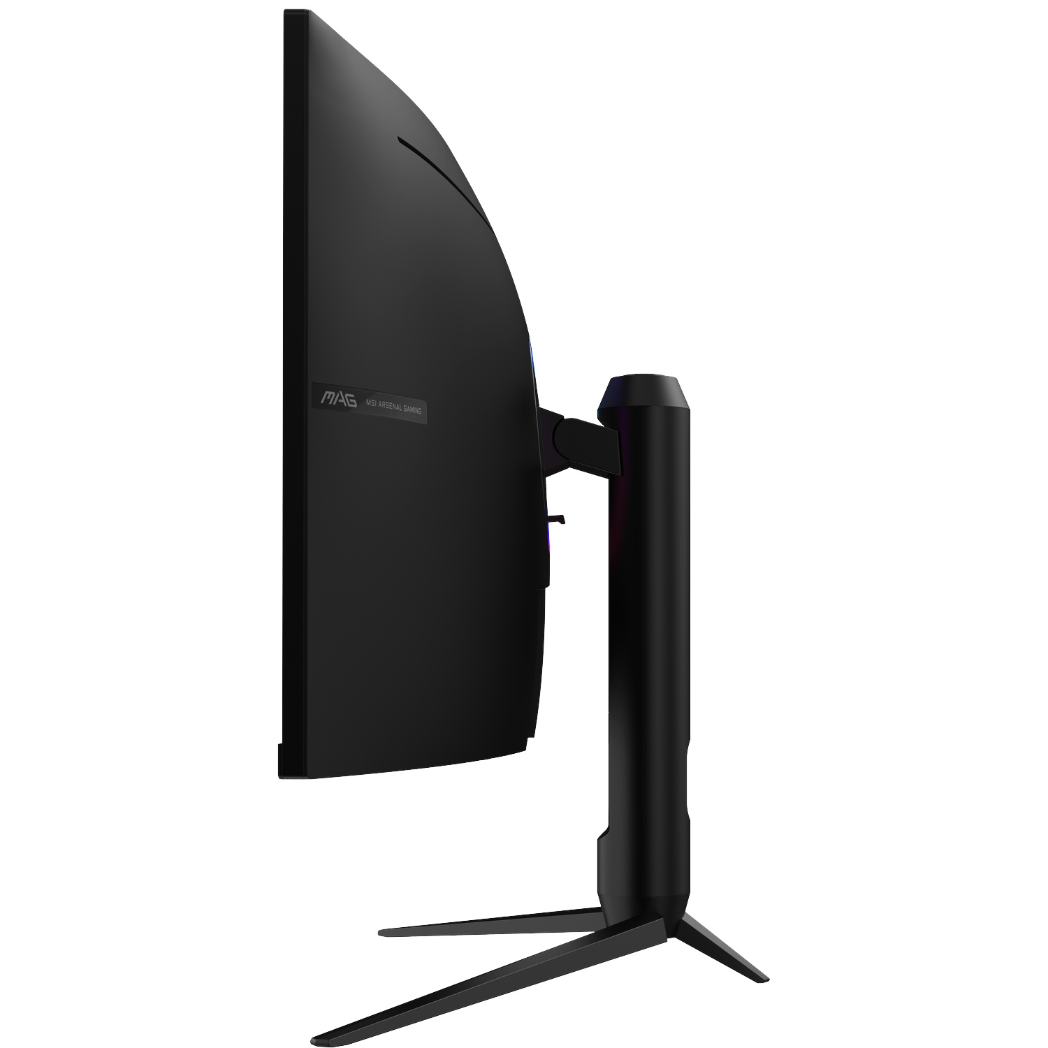 Een zwarte gebogen gamingmonitor met MSI MAG-logo op een zwarte standaard.
