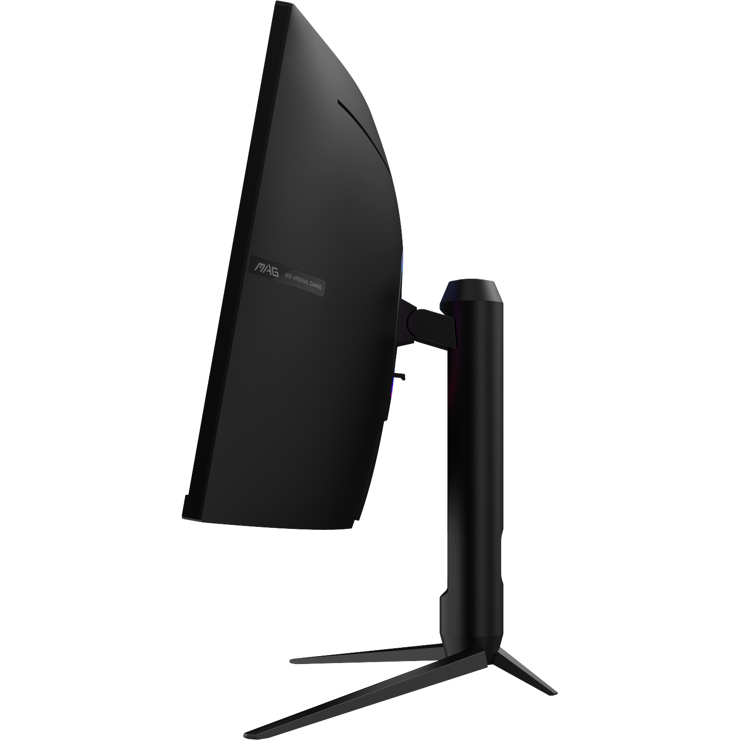 Zwarte gebogen gamingmonitor met MSI-logo, van opzij gezien.