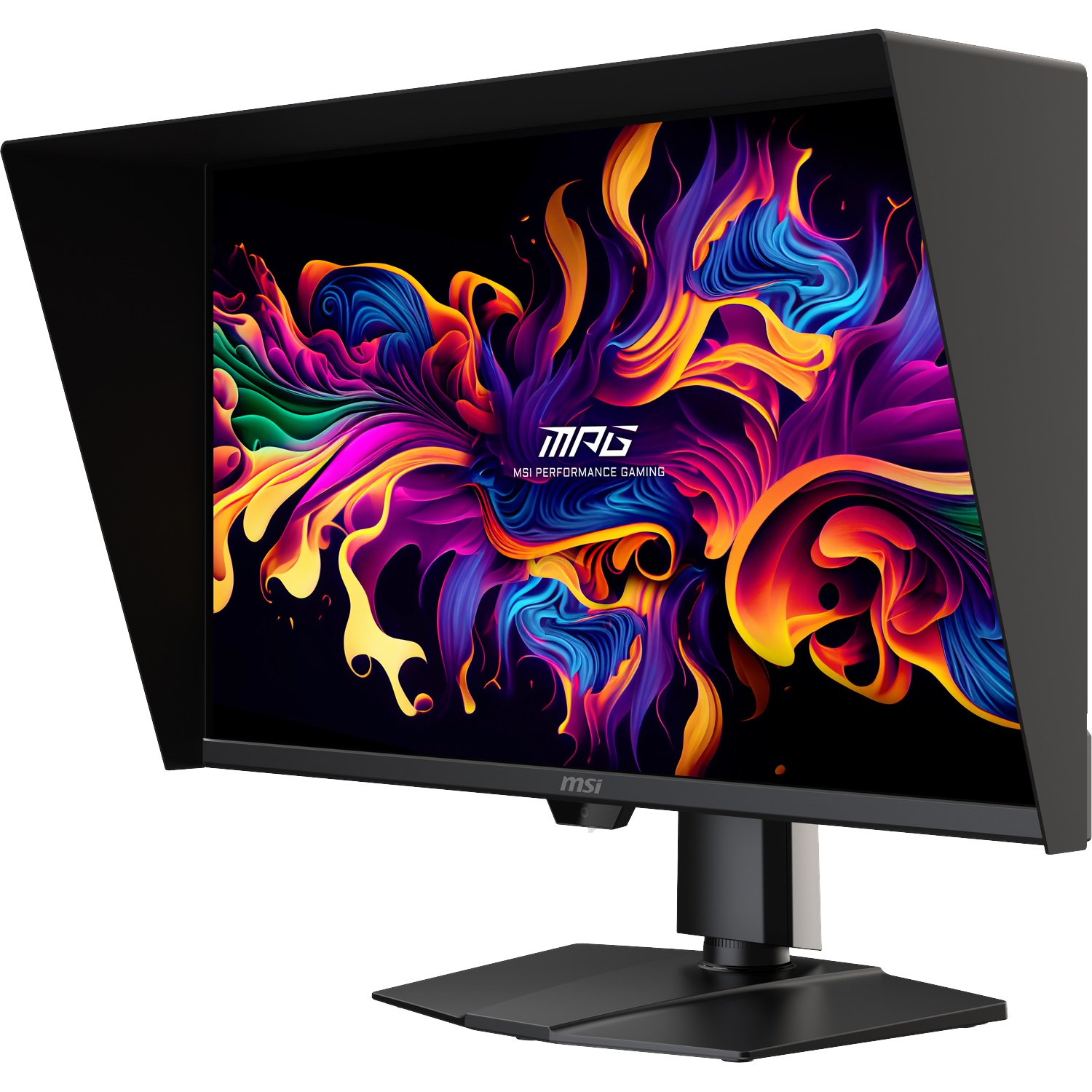 Un moniteur gaming noir affichant un fond d'écran abstrait et coloré.