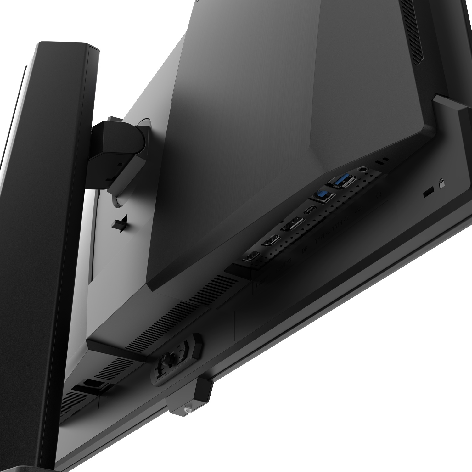 Gros plan d'une base de moniteur noire montrant les ports : USB, HDMI, DP et Type-C.