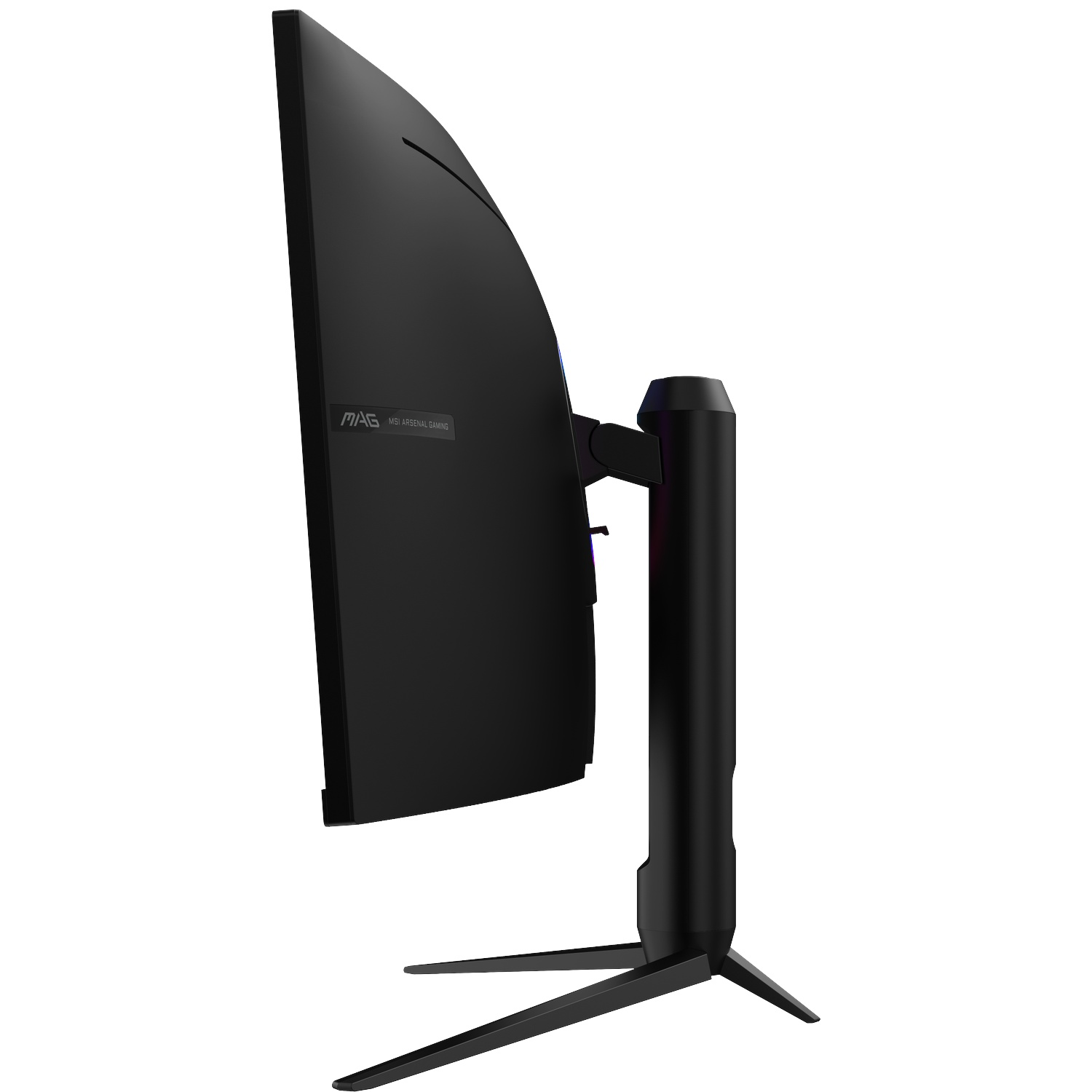Een zwarte gebogen gamingmonitor met een donkere standaard, van opzij gezien.