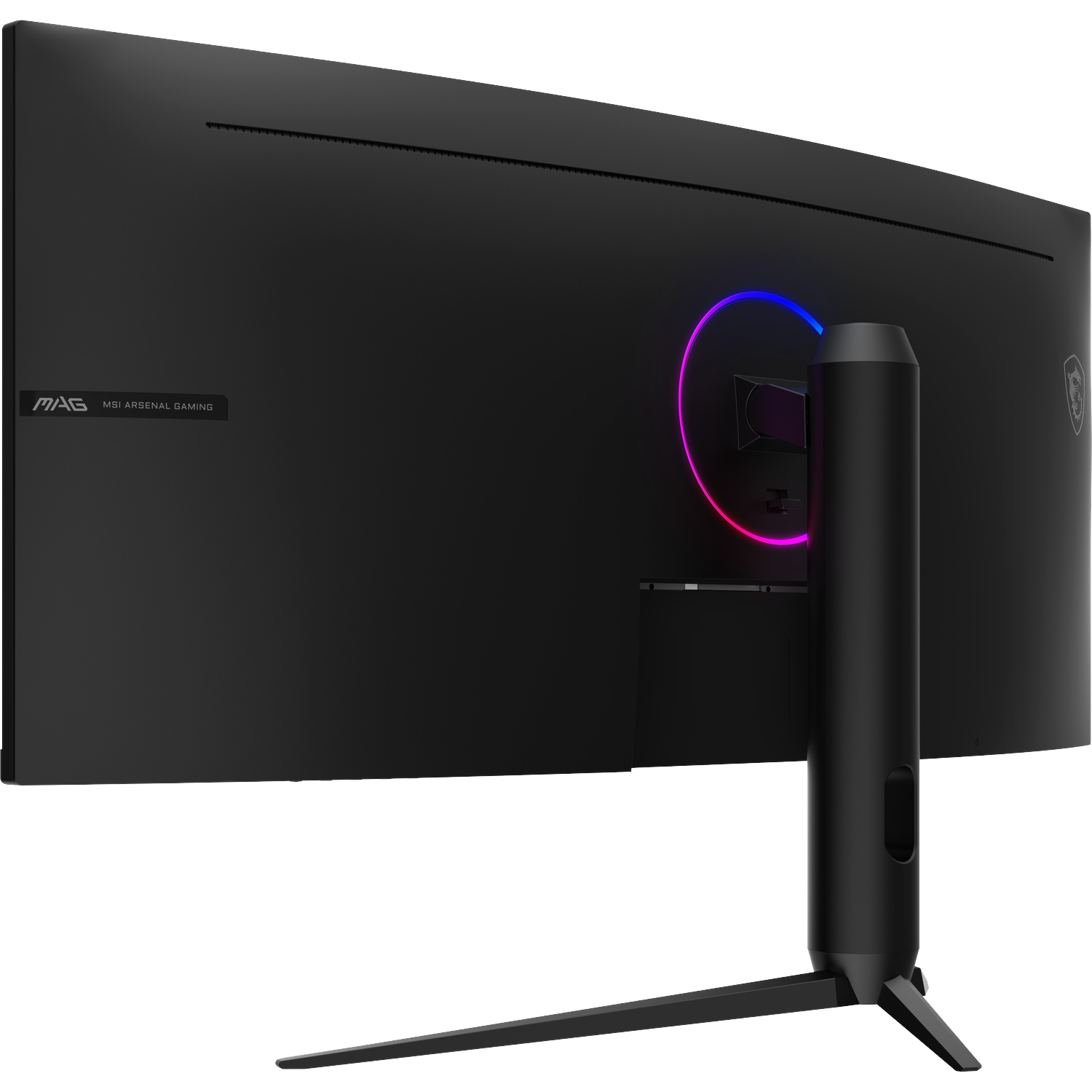 Zwarte MSI gaming monitor met RGB-verlichting op de standaard en gebogen scherm.