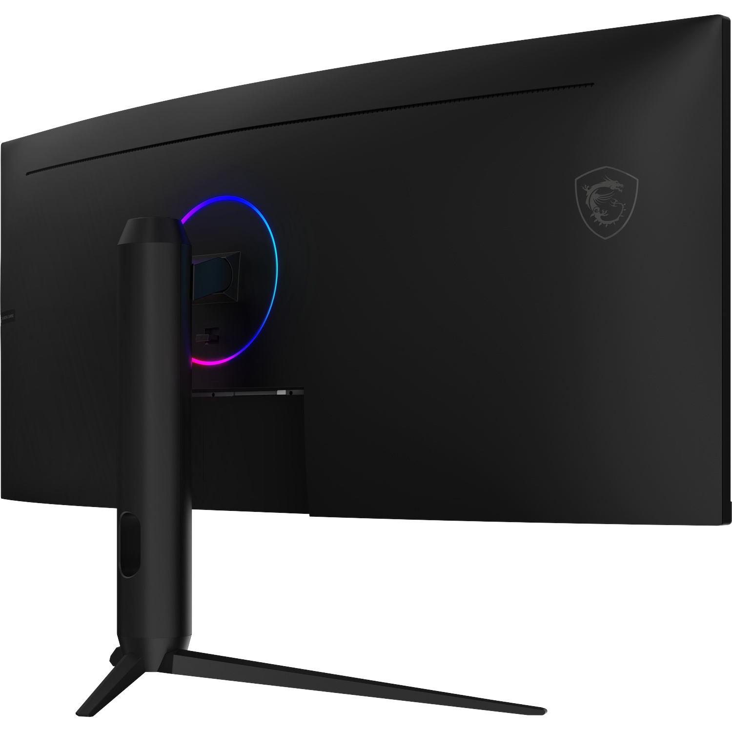 Achterkant van een gebogen zwarte monitor met RGB-verlichting en drakenlogo.