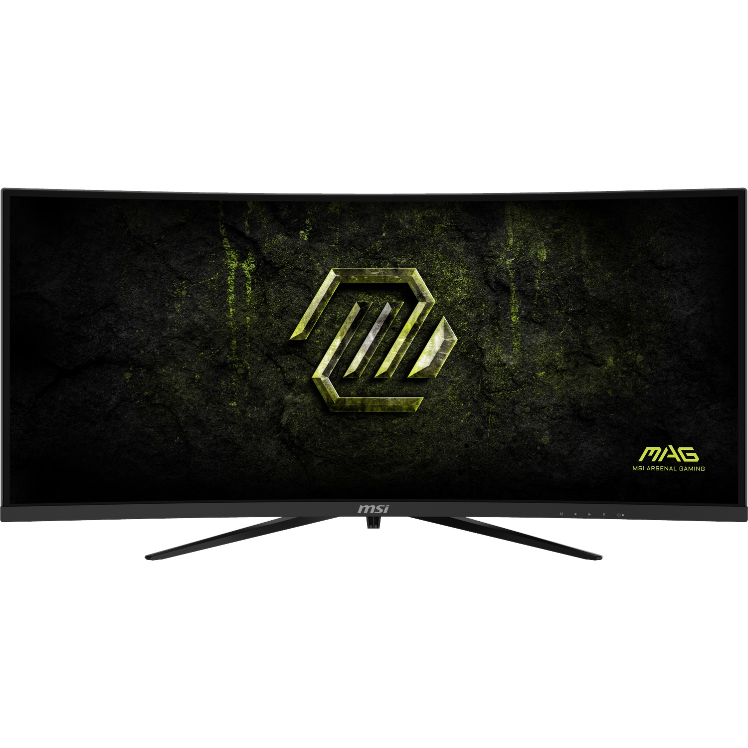 Een gebogen MSI gaming monitor met een geel logo op een zwarte achtergrond.