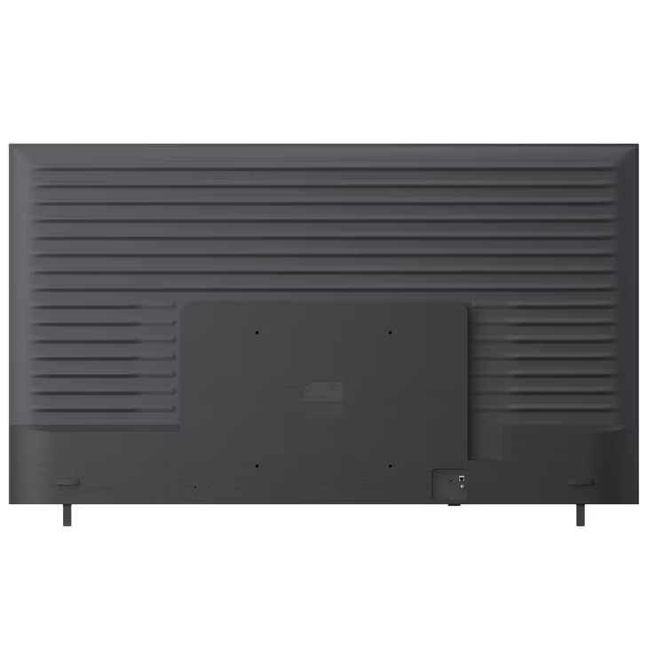 Parte trasera de un televisor negro con ranuras horizontales y puertos.