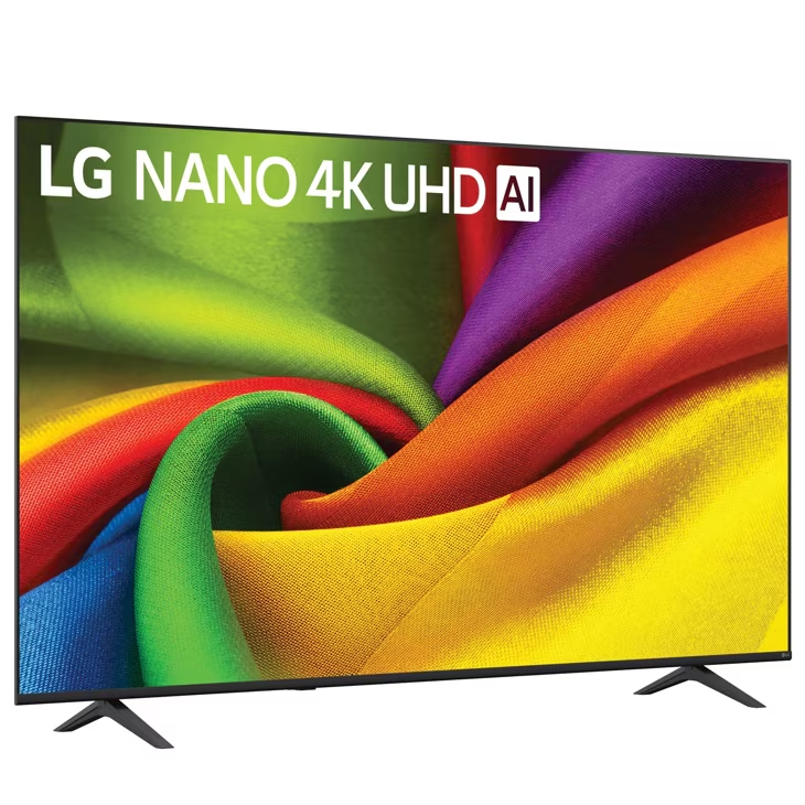TV LG Nano 4K UHD AI con fondo abstracto colorido y soporte negro.