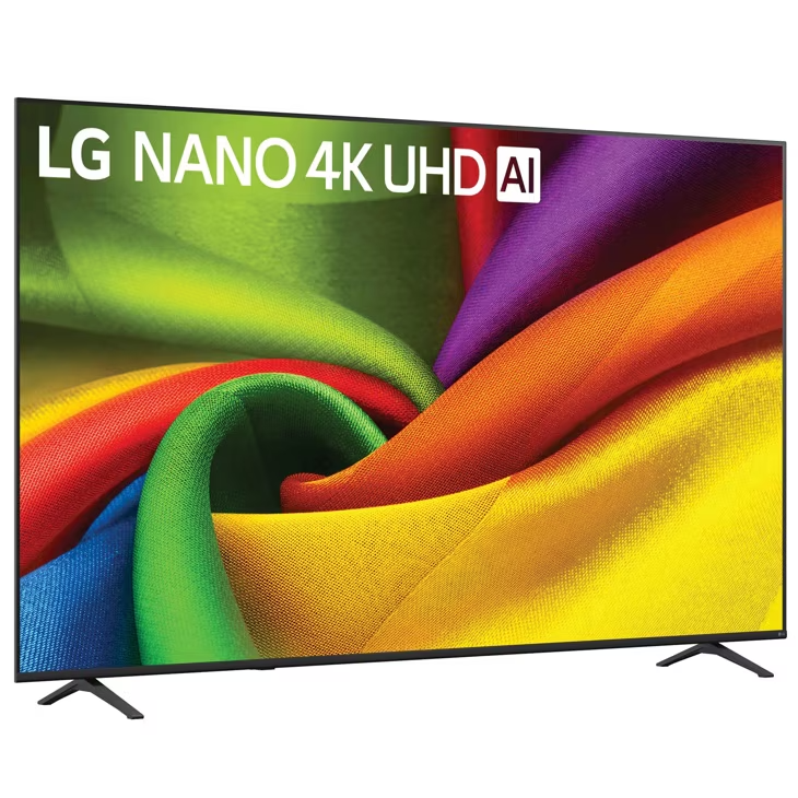 Un televisor LG Nano 4K UHD AI con una pantalla de fondo vibrante y colorida.