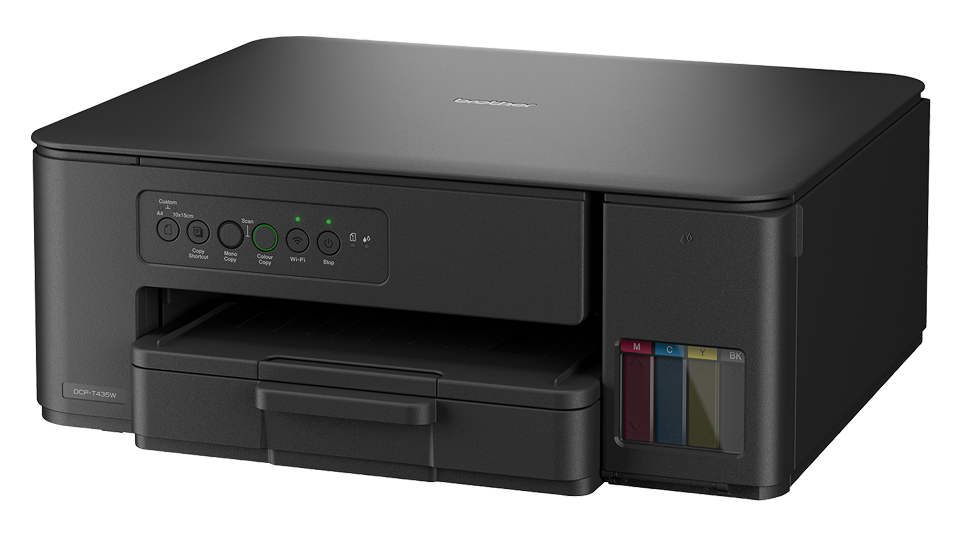 Czarna drukarka ze zbiornikami na tusz i panelem sterowania.