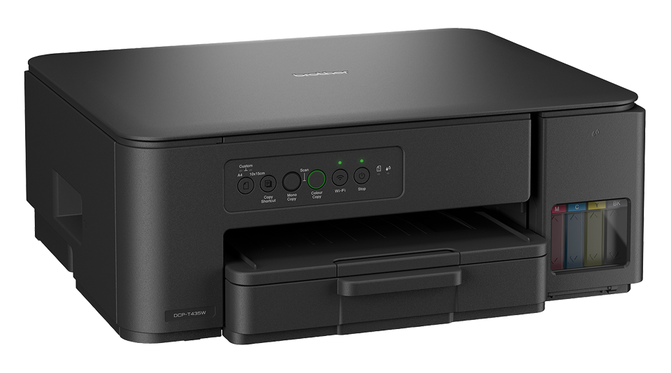 Czarna drukarka z panelem sterowania i widocznymi zbiornikami na tusz.