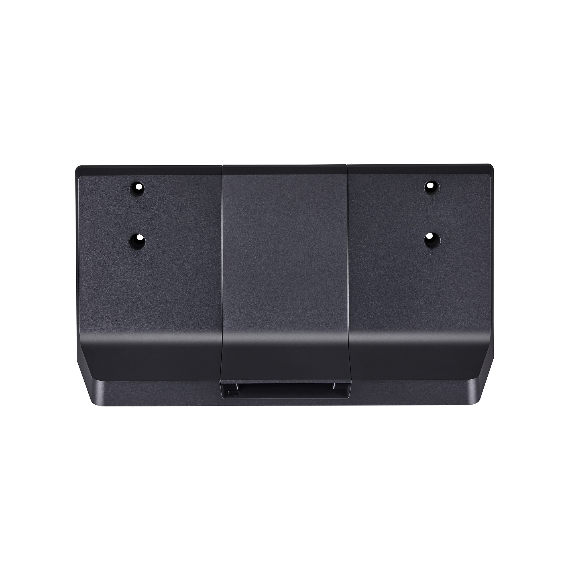 Soporte rectangular negro con cuatro agujeros y una ranura central.