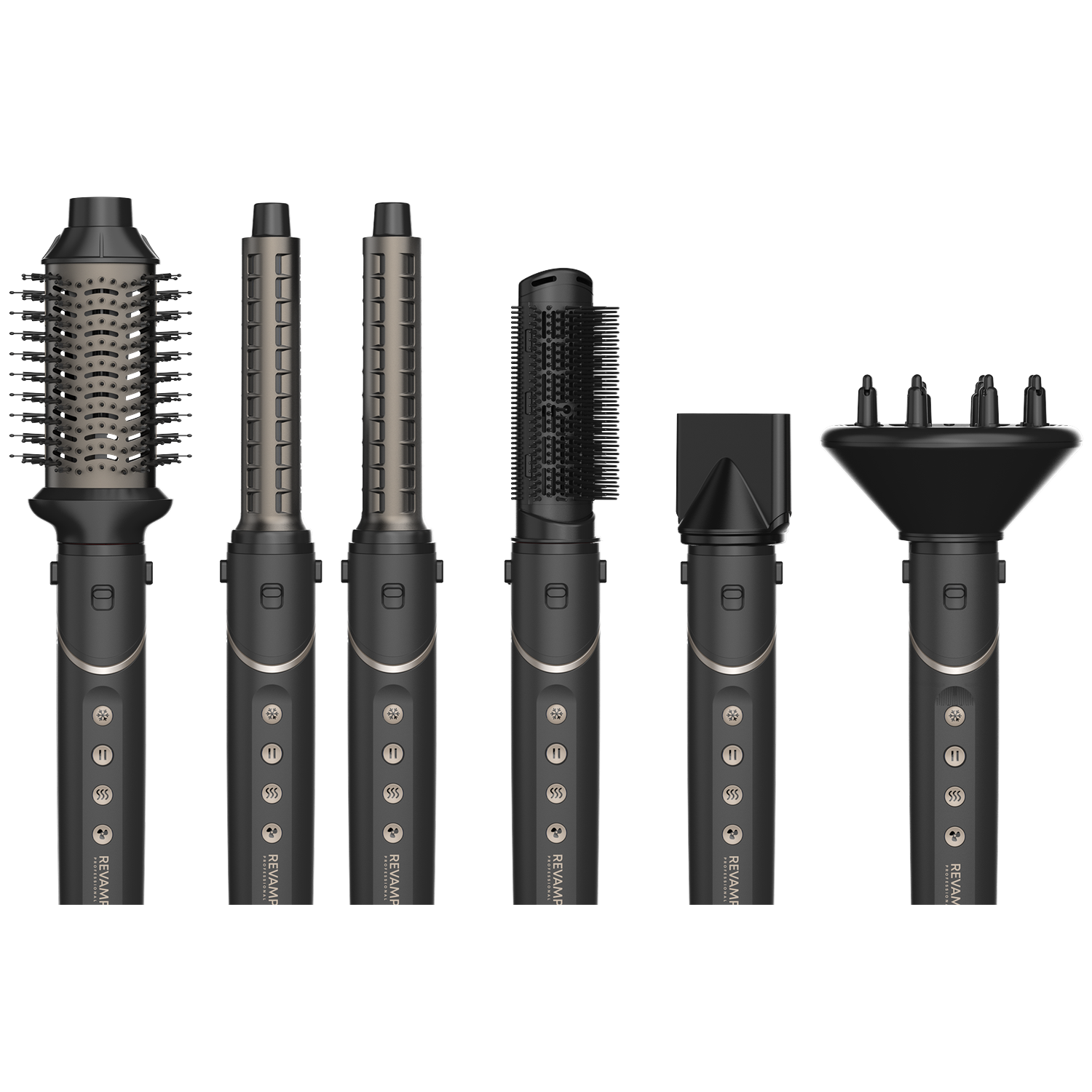 Zes zwarte haarstylingtools met diverse opzetstukken, naast elkaar op witte achtergrond.