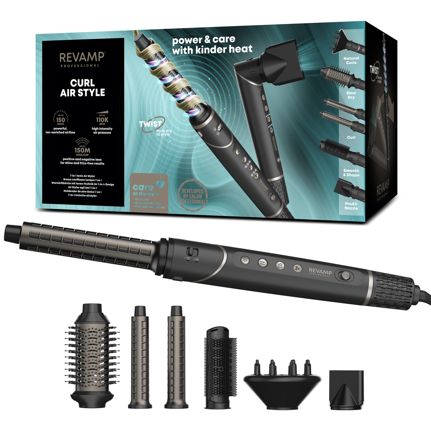 Revamp Professional Curl Air Styler met diverse opzetstukken en een föhn.
