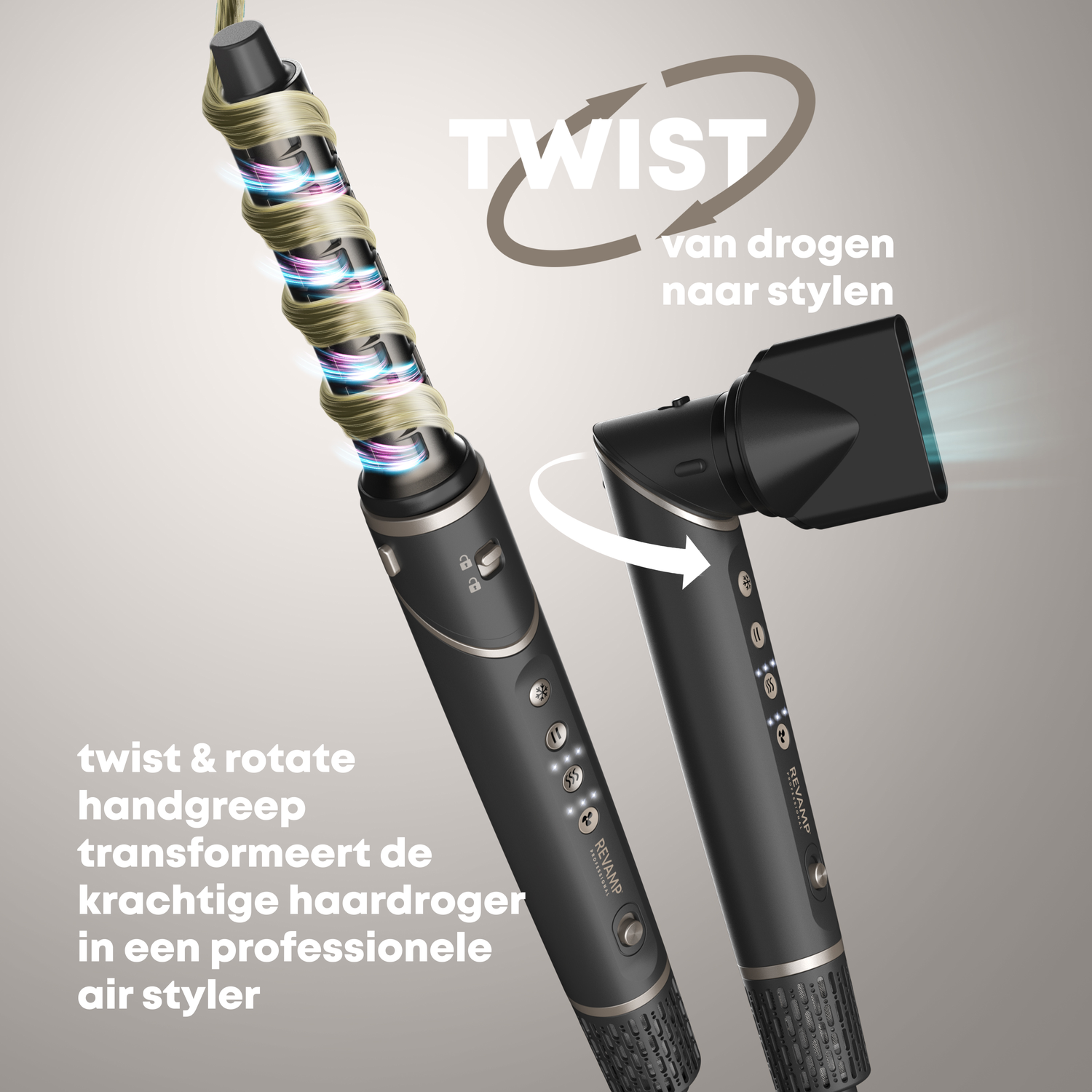 Een zwarte haardroger met draaibare handgreep en omwikkeld haar.