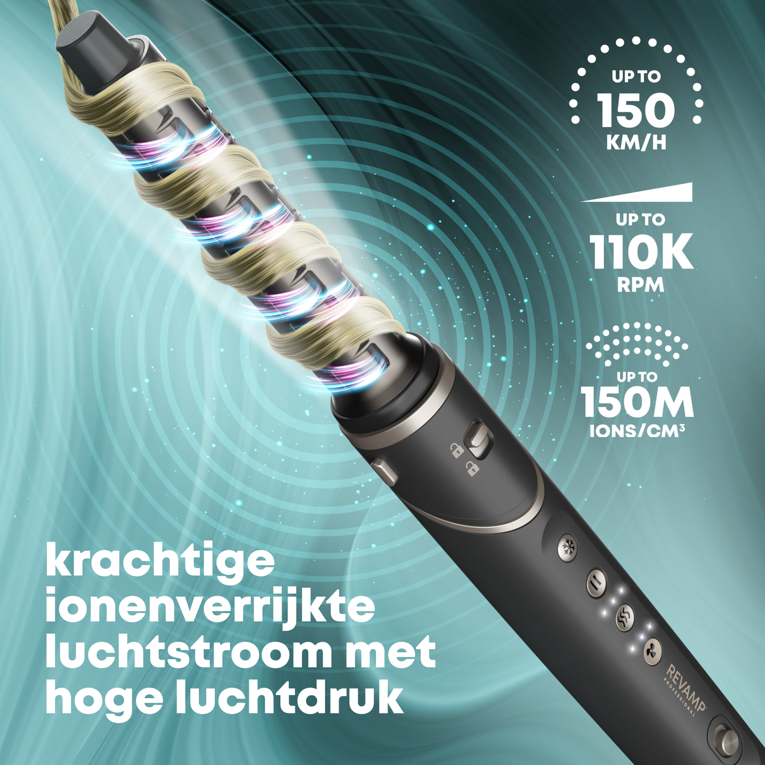 Een zwart haarstylingapparaat met omwikkeld blond haar. Technische specificaties worden weergegeven.