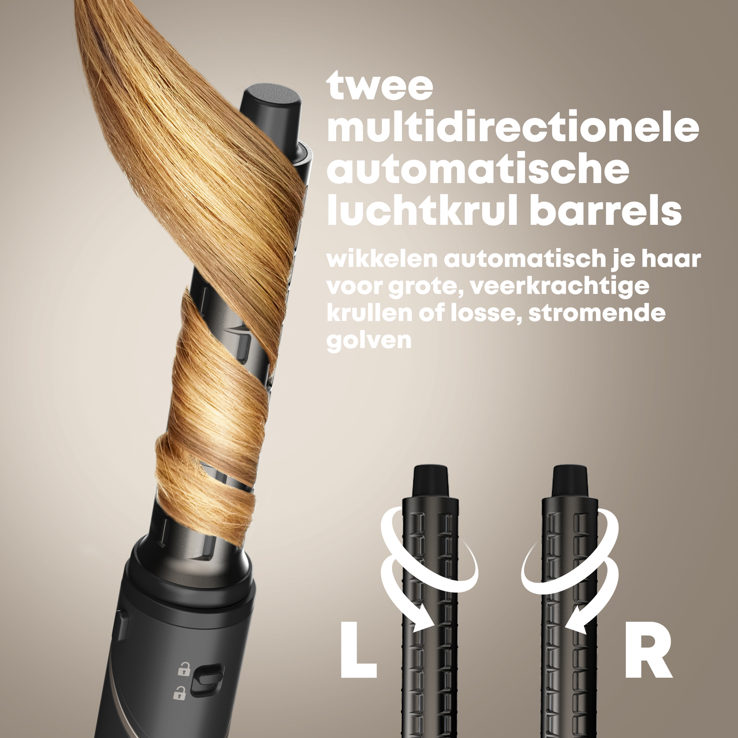 Haar wordt automatisch om twee multidirectionele krul barrels gewikkeld.