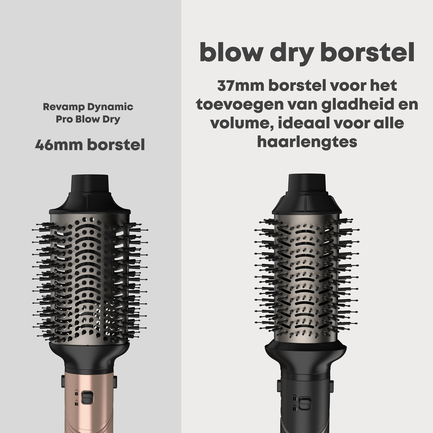 Twee Revamp Dynamic Pro Blow Dry haarborstels, 46mm en 37mm, met zwarte borstels.