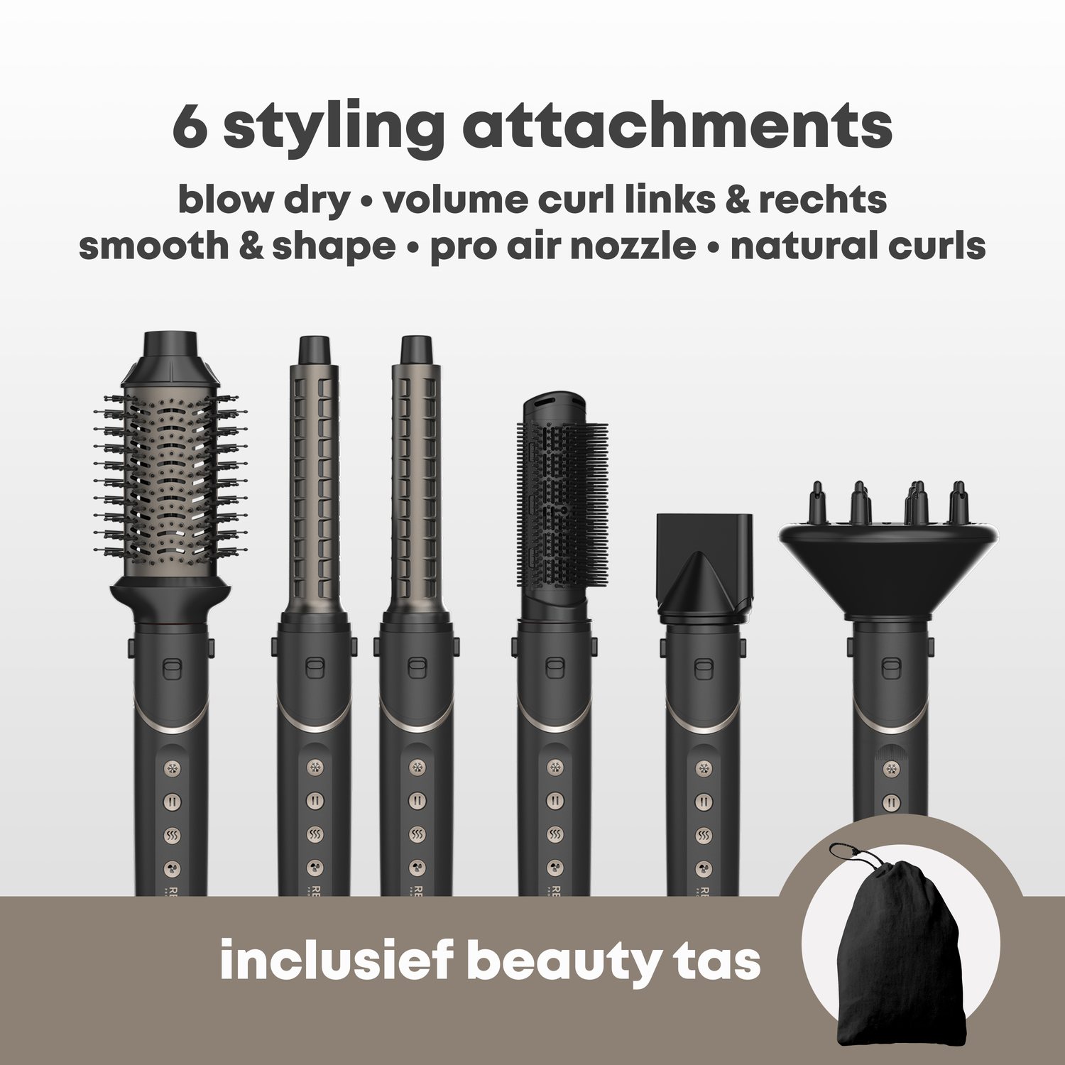Zes styling opzetstukken, borstels en mondstukken, met zwarte tas.