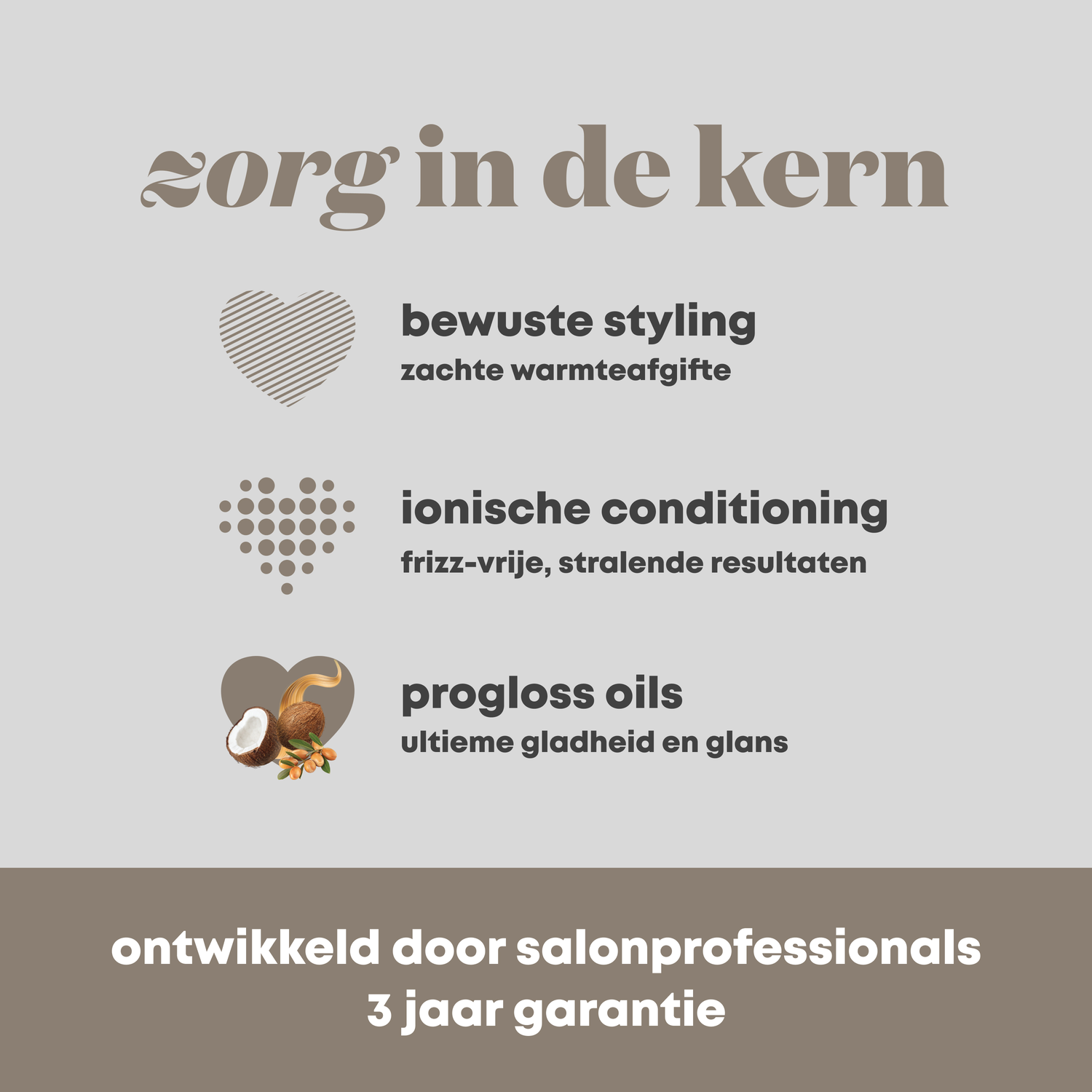 Grafiek met drie iconen: hart, stippen, kokosnoot. Tekst over styling, conditionering, oliën.