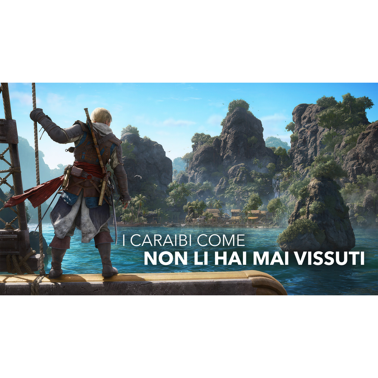 Un uomo in abiti da pirata su una nave con isole sullo sfondo.