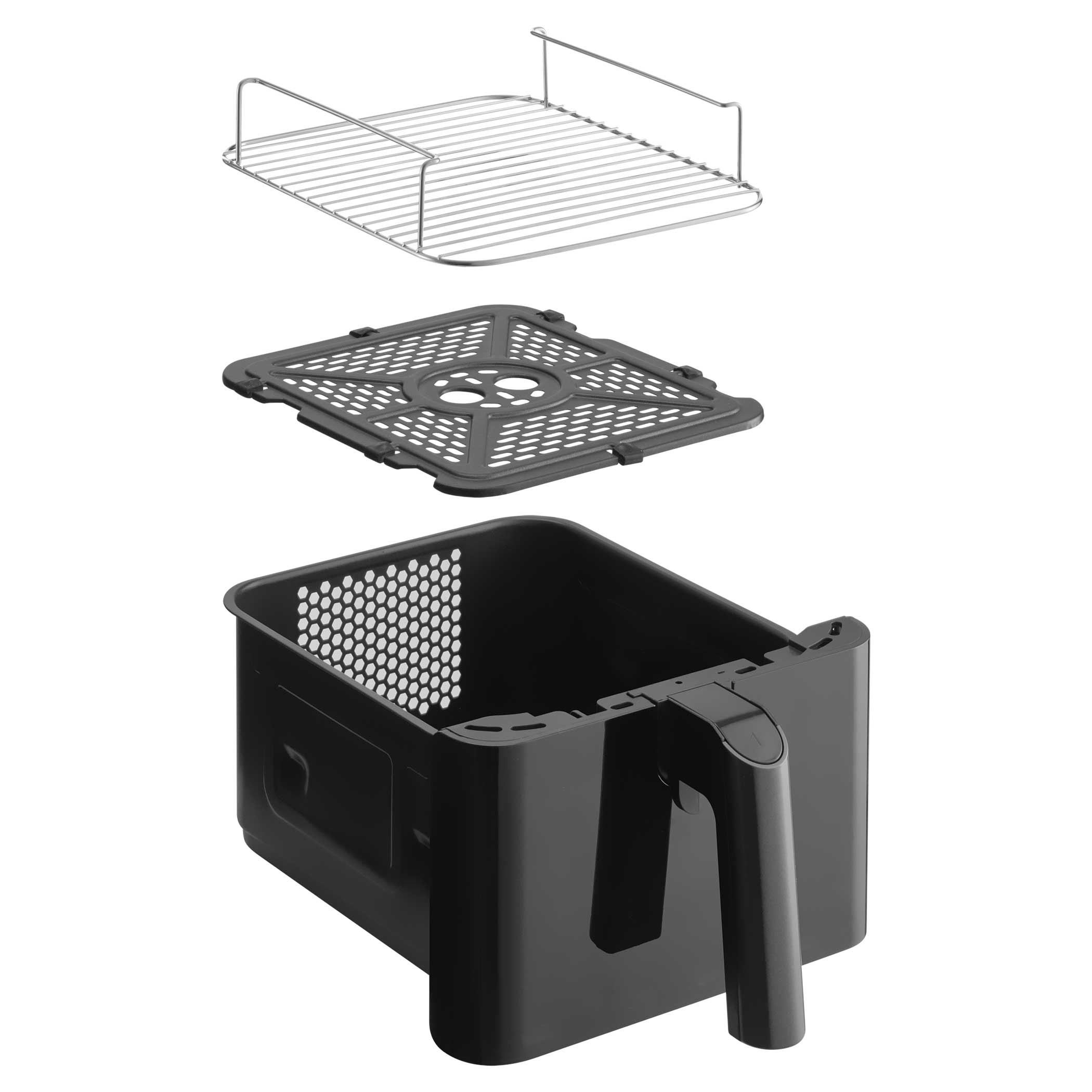 Egy fekete air fryer kosár drótráccsal és perforált betéttel.