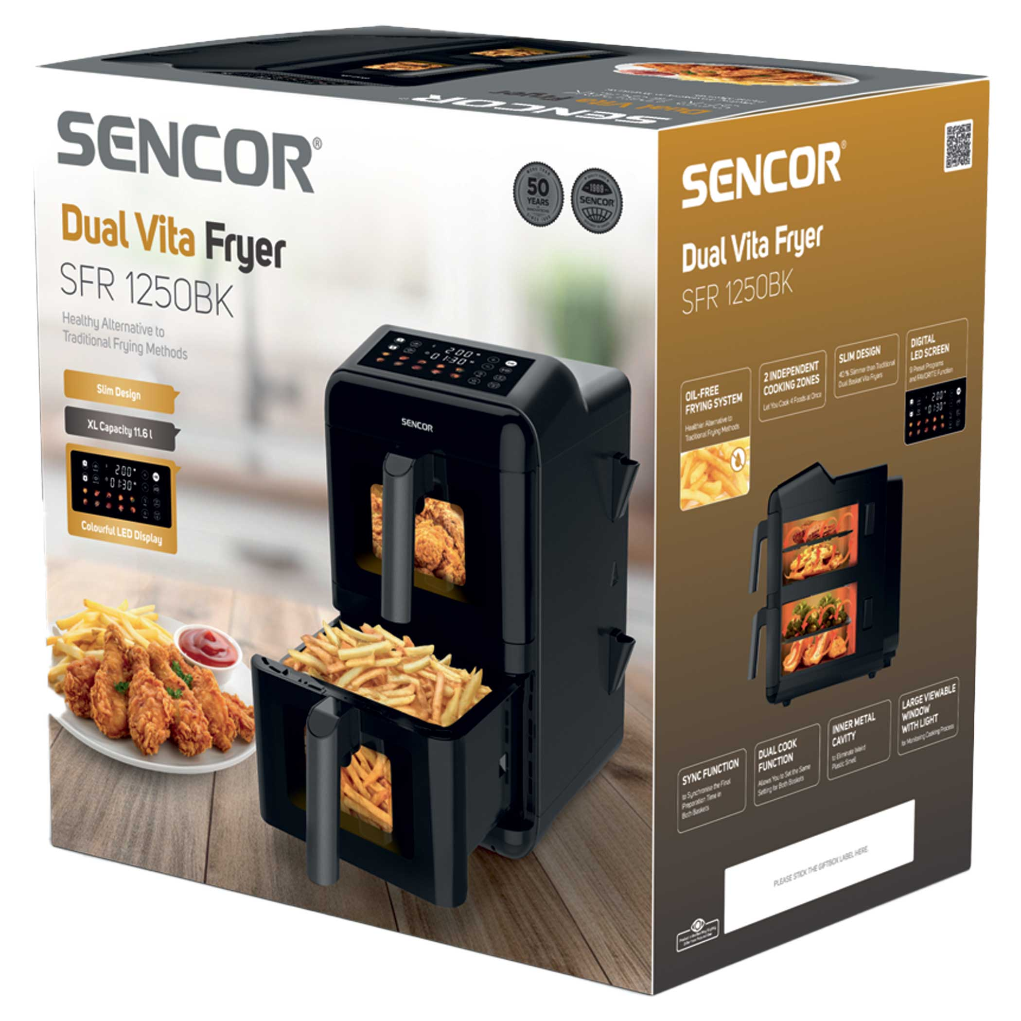 SENCOR Dual Vita Fryer SFR 1250BK csomagolása sült ételek képeivel.