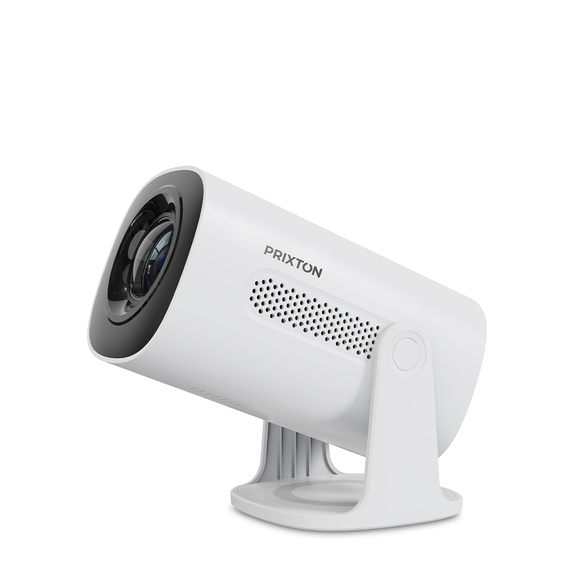 Un proyector blanco Prixton con lente y rejilla de altavoz descansa sobre un soporte.