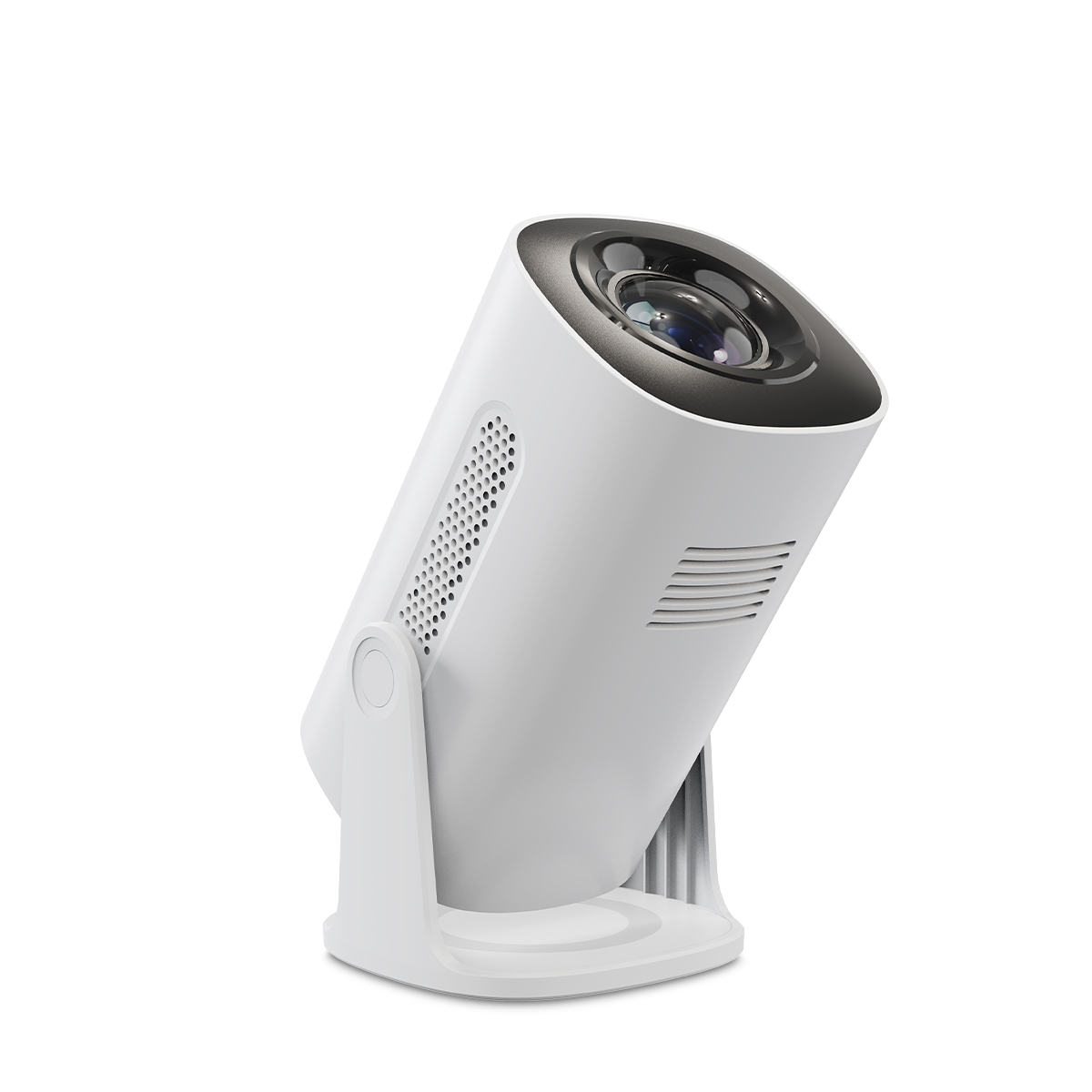 Un proyector blanco con anillo negro alrededor de la lente, sobre un soporte blanco.