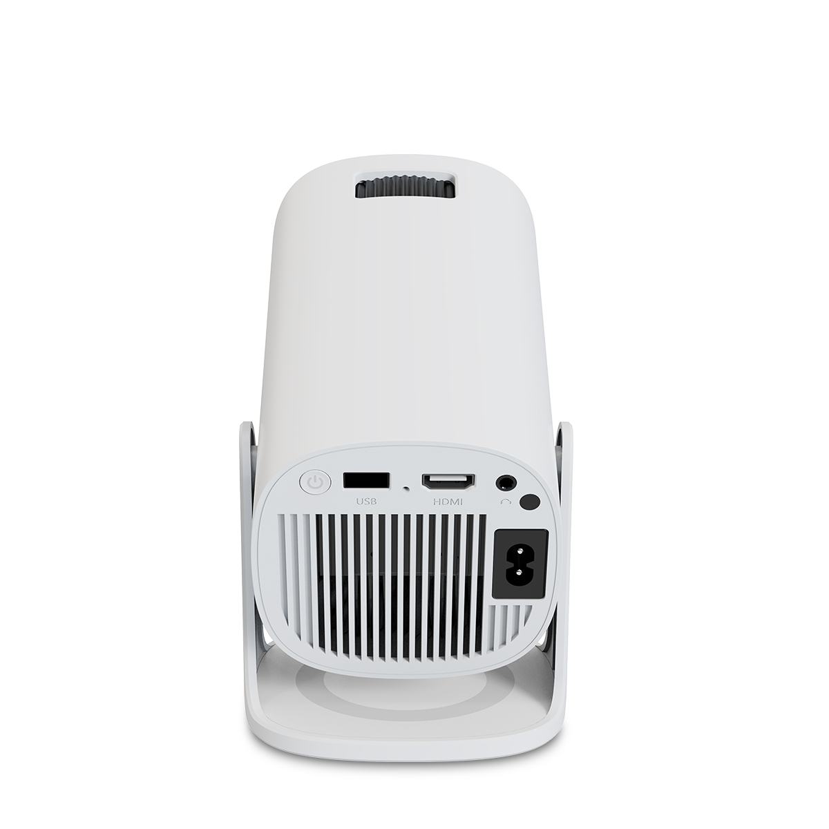 Vista trasera del proyector blanco con USB, HDMI, conector de auriculares y puerto de alimentación.