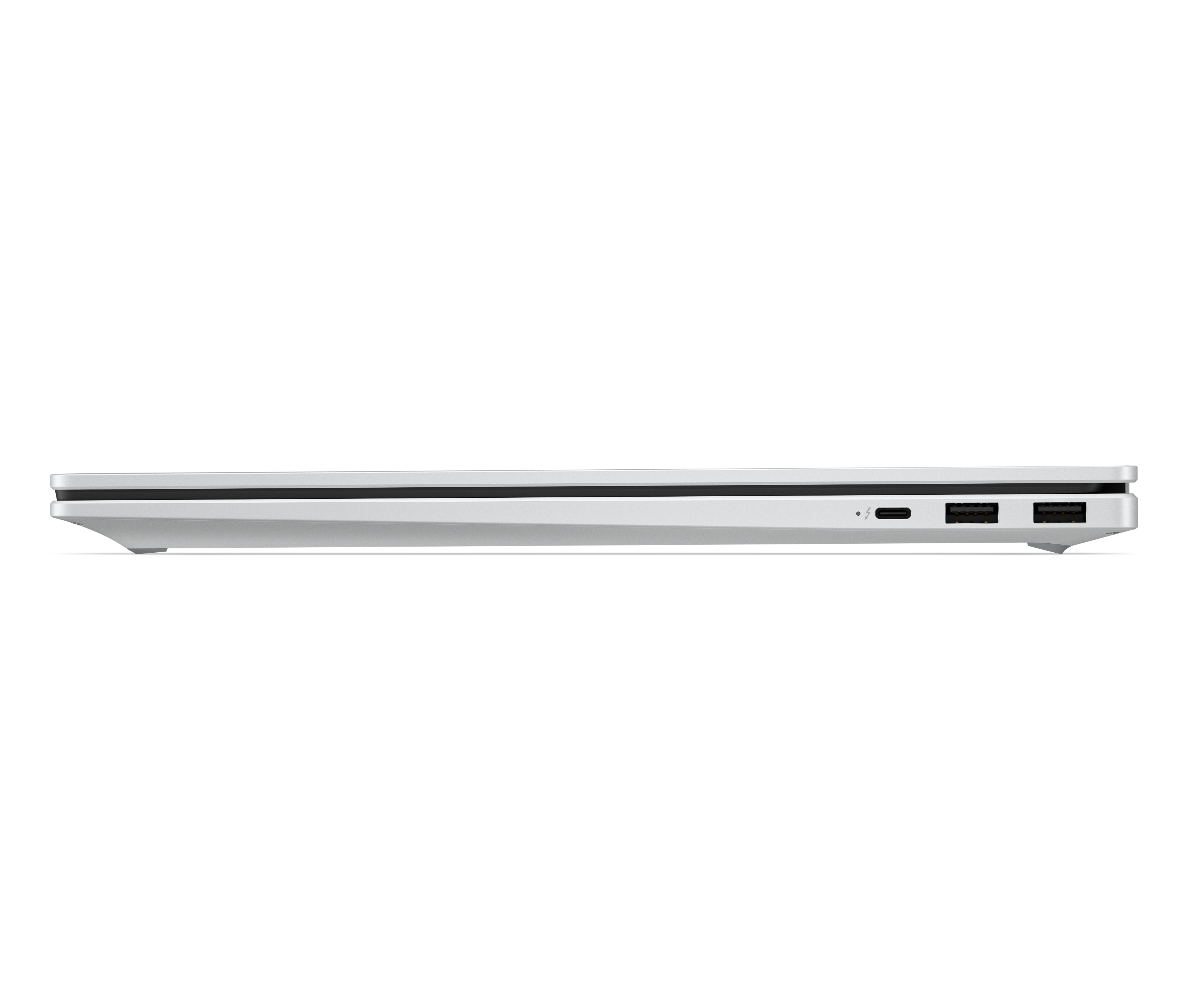 Biały laptop widok z boku z portami USB-C i USB-A.