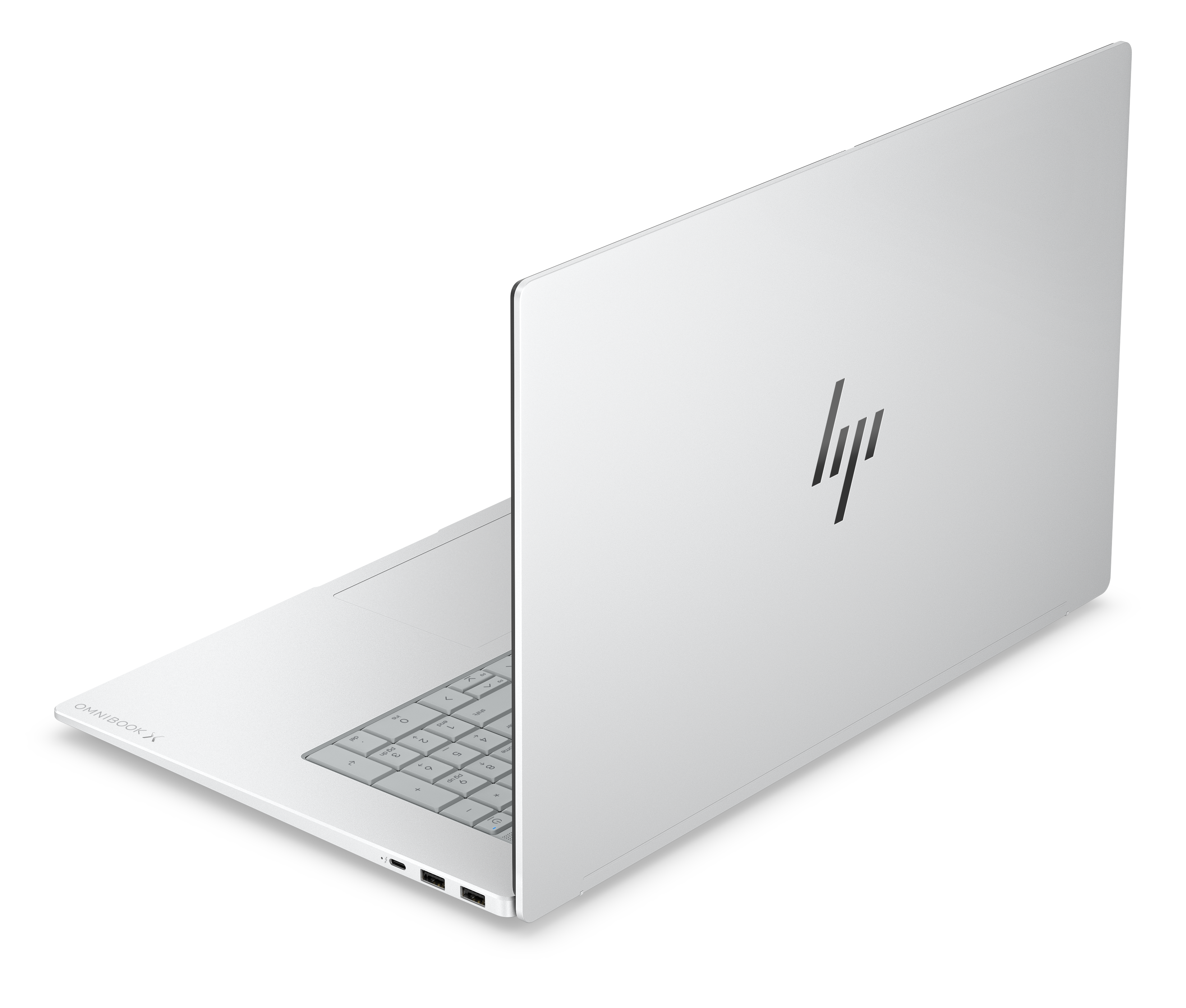 Biały laptop HP Omnibook X z zarysem klawiatury i logo na czarnym tle.